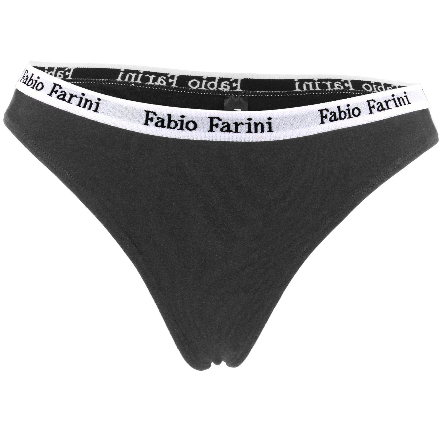 Fabio Farini String Damen Unterhosen (Packung, - sportlichen mit Tanga Baumwolle im Look Frauen Designerbündchen 6-St) Schwarz aus