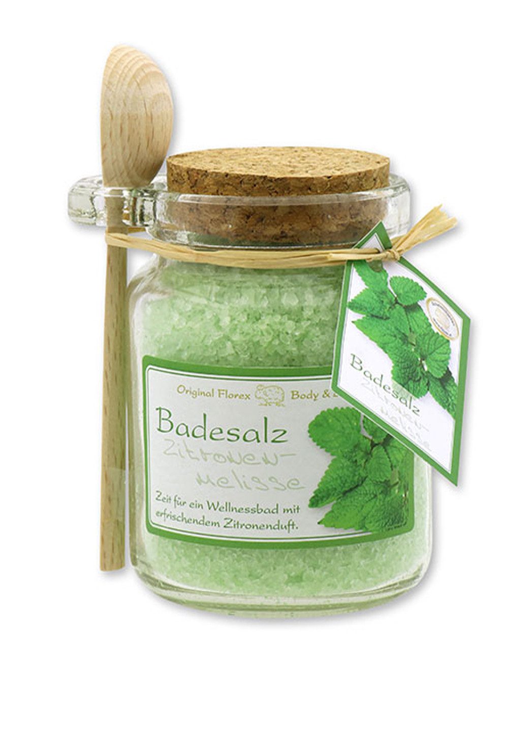 Gerlinde Hofer _ Florex GmbH Badezusatz Zitronenmelisse, Badesalz mit Bio Schafmilch im Glas mit Holzlöffel 300 g