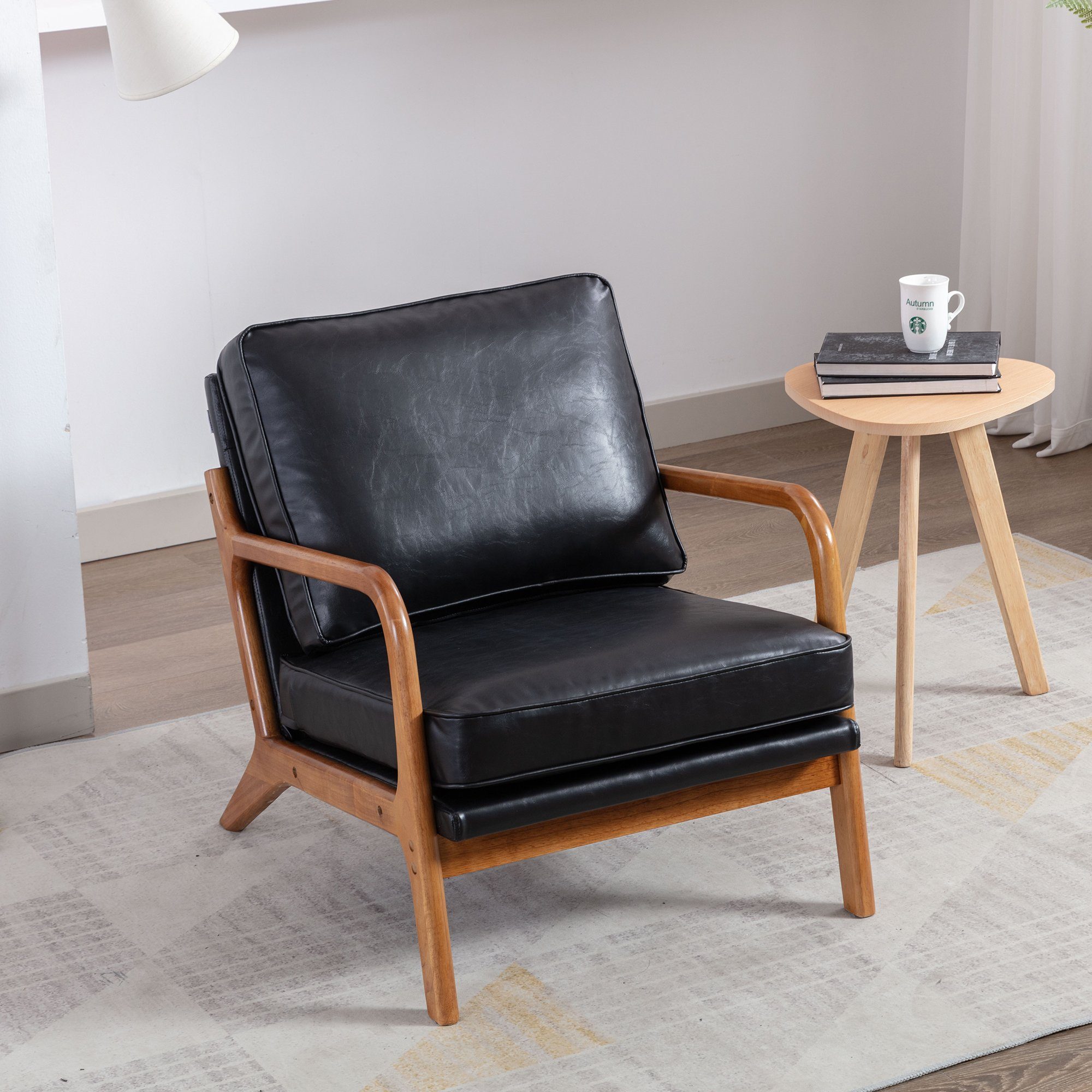 OKWISH Sessel Fernsehsessel Polsterstuhl Freizeitstuhl Relaxsessel Loungesessel (Stuhlbein besteht aus Gummiholz), PU Leder stoff schwarz