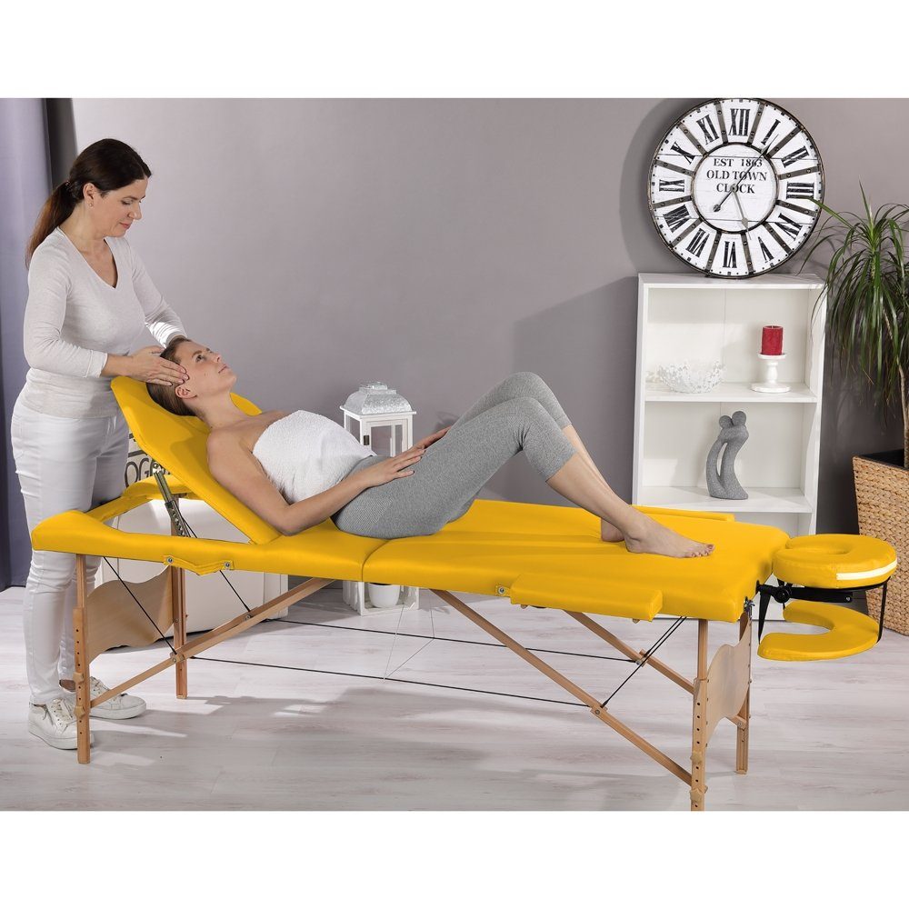 Melko Massageliege Massagebank Massagetisch Massageliege 3 Zonen klappbar und mobile Holzgestell in Beige, Blau, Schwarz & Gelb Therapieliege Kosmetikliege Liege Bank (Stück), Extra dicke und bequeme Polsterung für optimalen Liegekomfort