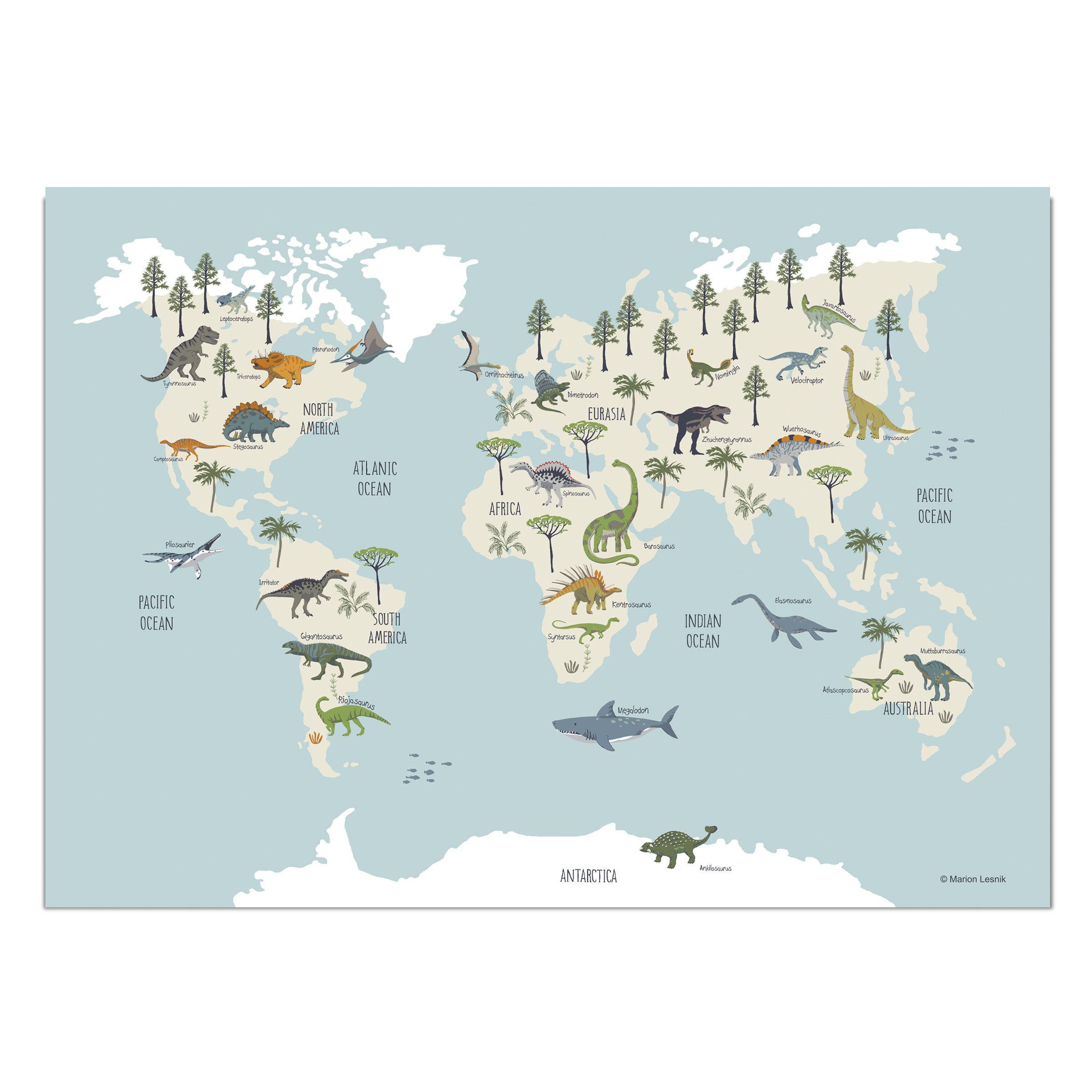 Designforlittleones Poster coole Dinosaurier Weltkarte Poster, Entdecke die Urzeit!