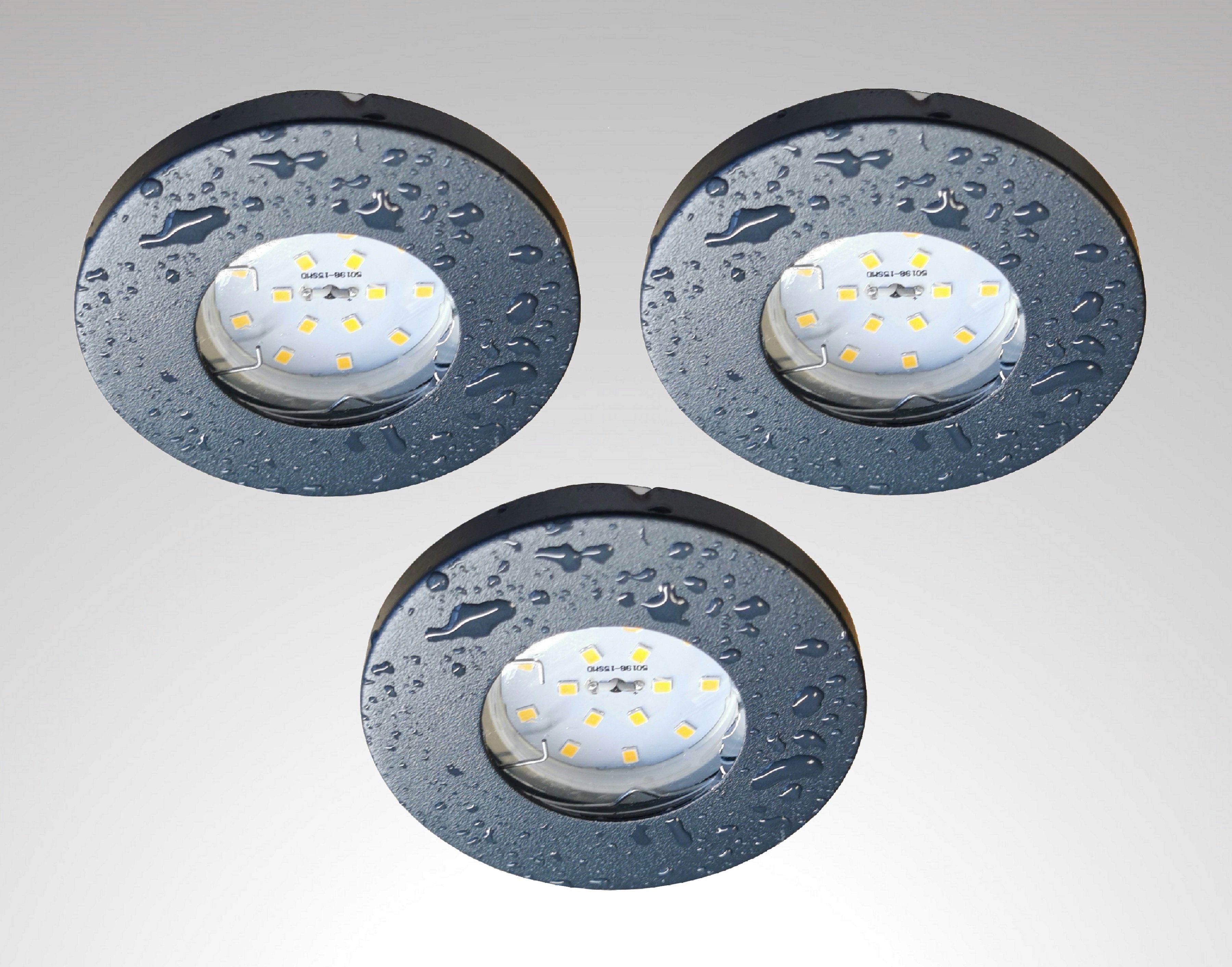 TRANGO LED Einbauleuchte, 3er Set IP65 LED Deckenstrahler 6729IP65-031GUSDAK in Anthrazit matt Rund inkl. 3x 5 Watt 3-Stufen dimmbar GU10 LED Leuchtmittel 3000K warmweiß, Außen Einbauspot, Deckenleuchte, Deckenspots