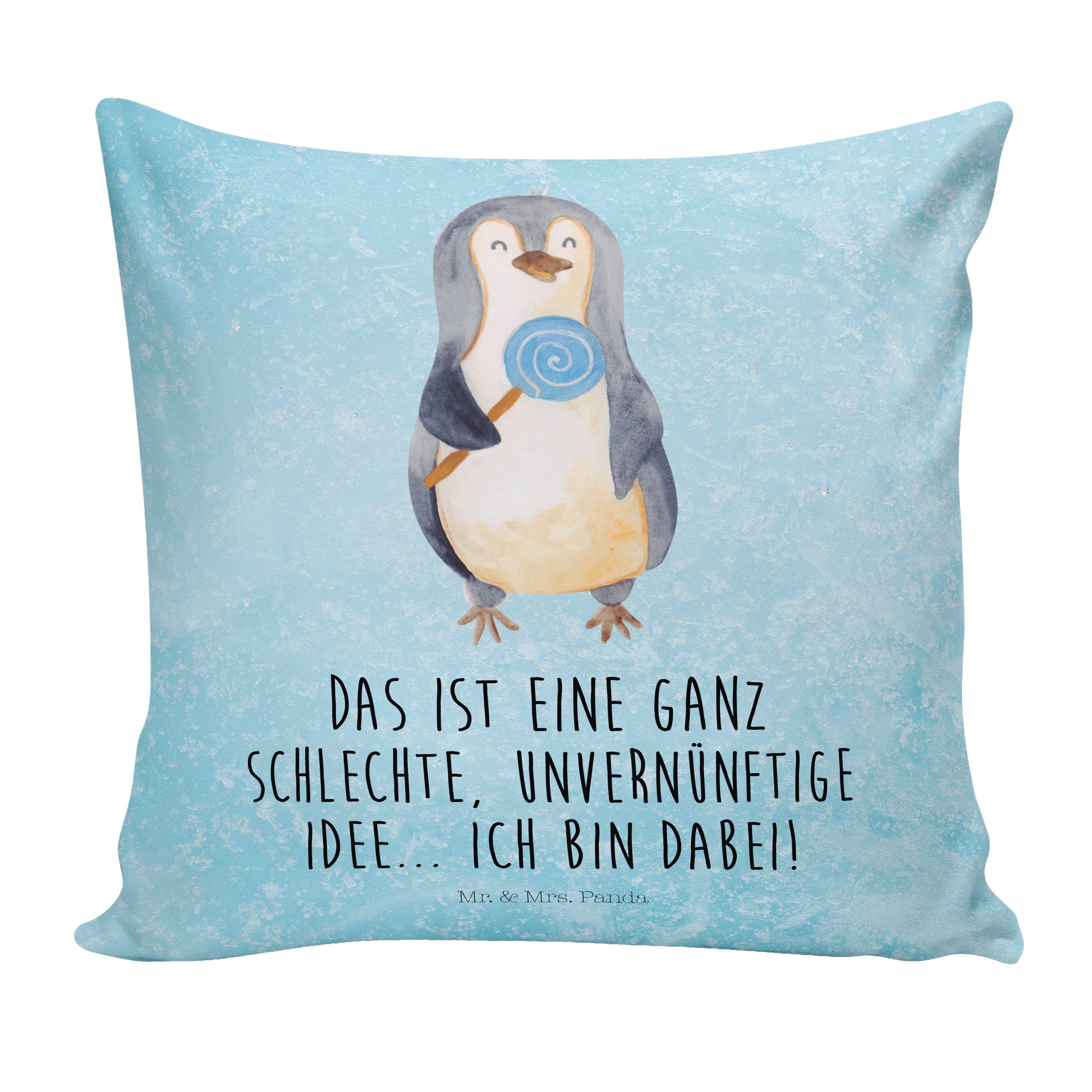 Mr. & Mrs. Panda Dekokissen Pinguin Lolli - Eisblau - Geschenk, Sofakissen, Kissenhülle, Dekokiss