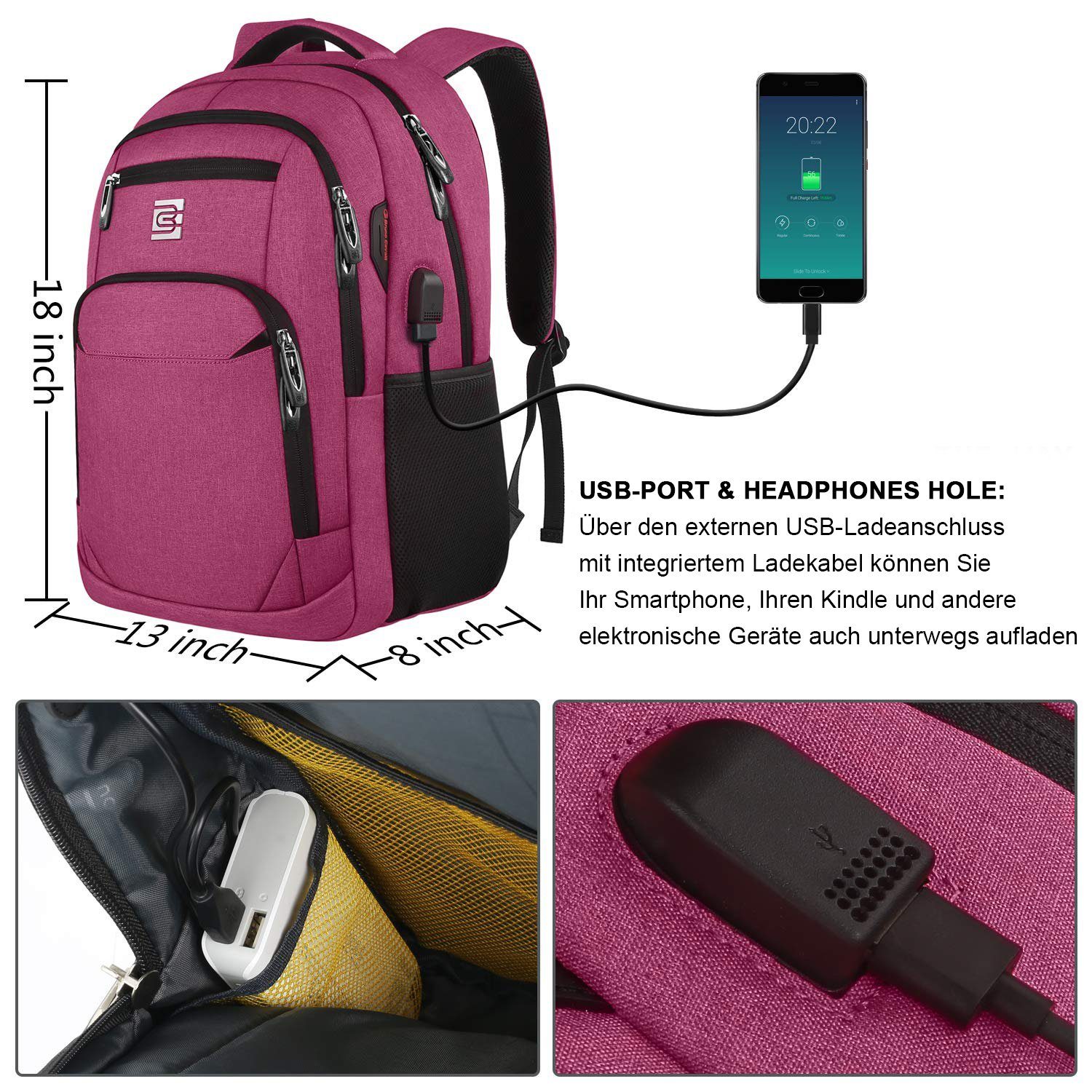 Herren Schule Laptop Business Backpack mit mit Reisen Laptoptasche Rucksack, Wasserbeständig Sportrucksack, REDOM Laptoprucksack USB-Anschluss, Tasche (Laptop Laptopfach), Rucksack Jungen Uni Arbeit Rucksäcke Anti-Diebstahl, Freizeit Damen Notebook Schulrucksack Rosa Teenager