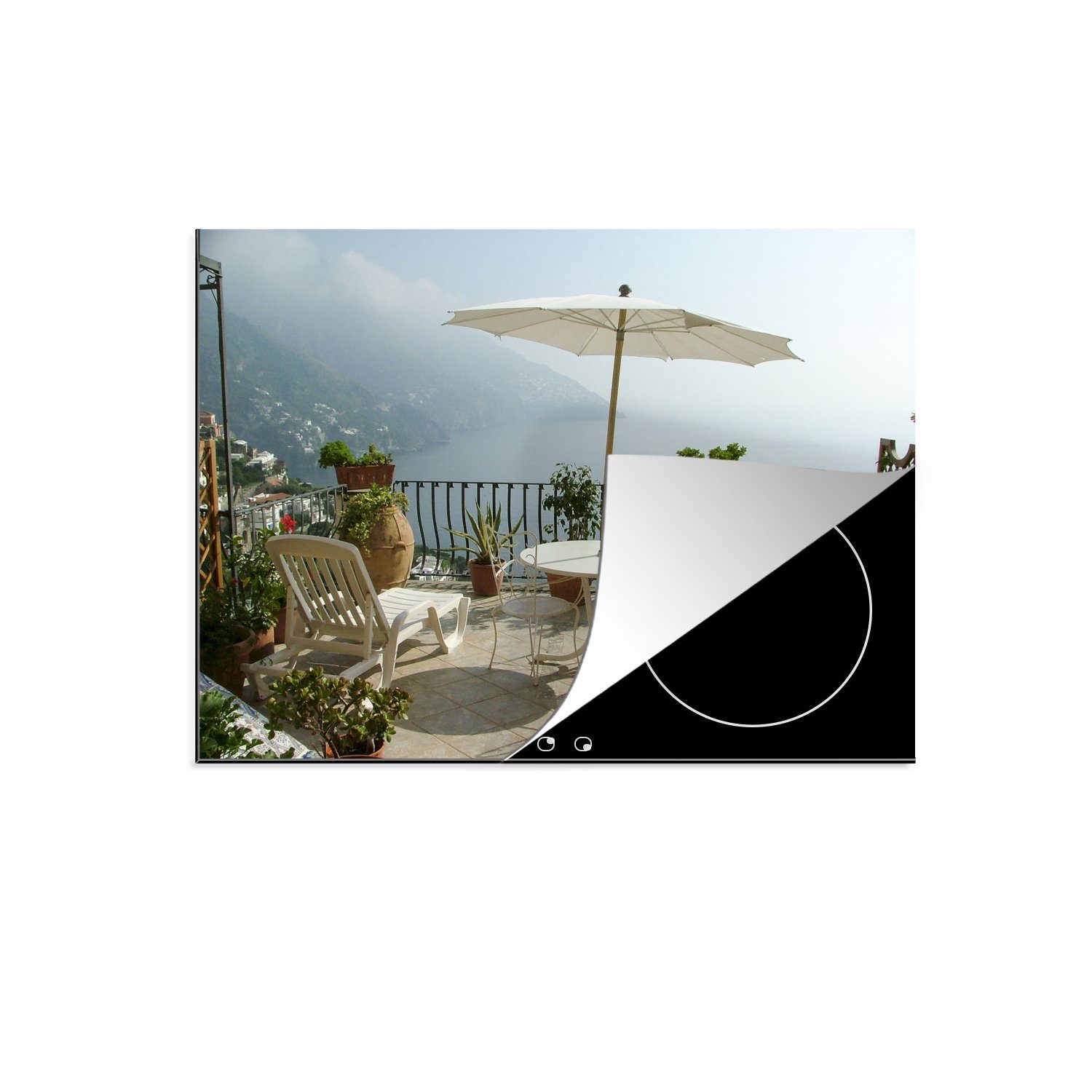 MuchoWow Herdblende-/Abdeckplatte Terrasse mit Aussicht in Italien, Vinyl, (1 tlg), 70x52 cm, Mobile Arbeitsfläche nutzbar, Ceranfeldabdeckung