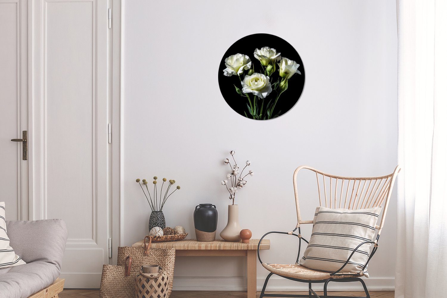 cm Wandbild, 30x30 (1 - Botanisch Weiß - Rosen Gemälde St), Forex, Wanddekoration Wohnzimmer, Blumen - Kreis - Rundes MuchoWow Schwarz,