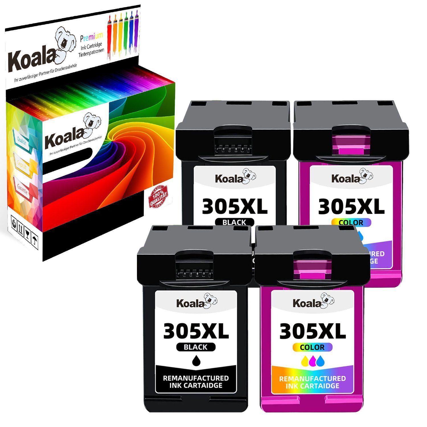 Koala 4er HP 305XL Schwarz & Farb Druckerpatronen für DeskJet 2710 2720 Tintenpatrone (Packung, HP 305XL DeskJet 2700 2710 2720 2720e ENVY 6020 6030 6032)