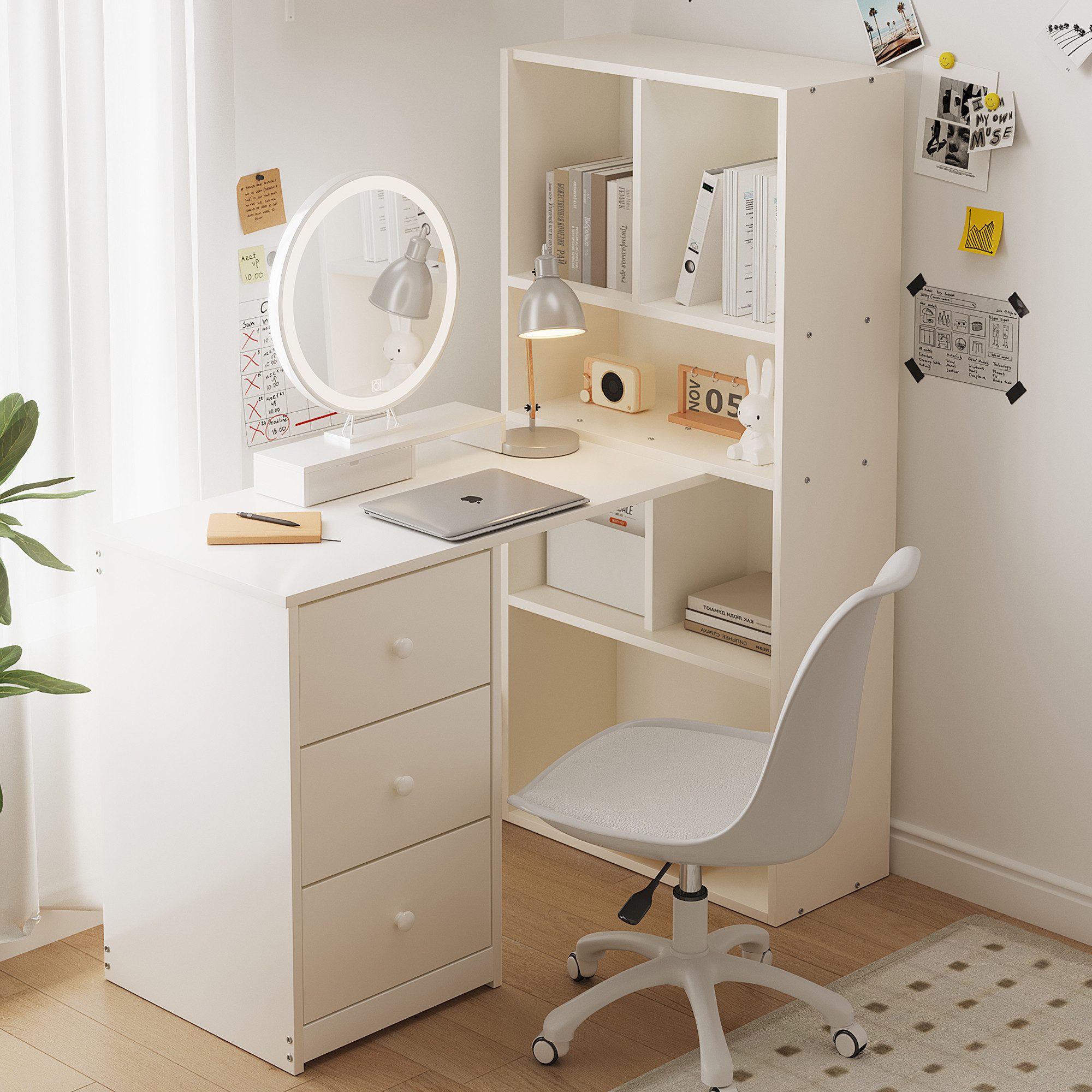 MODFU Schreibtisch mit 4 Ablagefächern, 3 Schubladen und Bücherregal (Computertisch, Bürotisch), Eckschreibtisch 117×63×135 cm