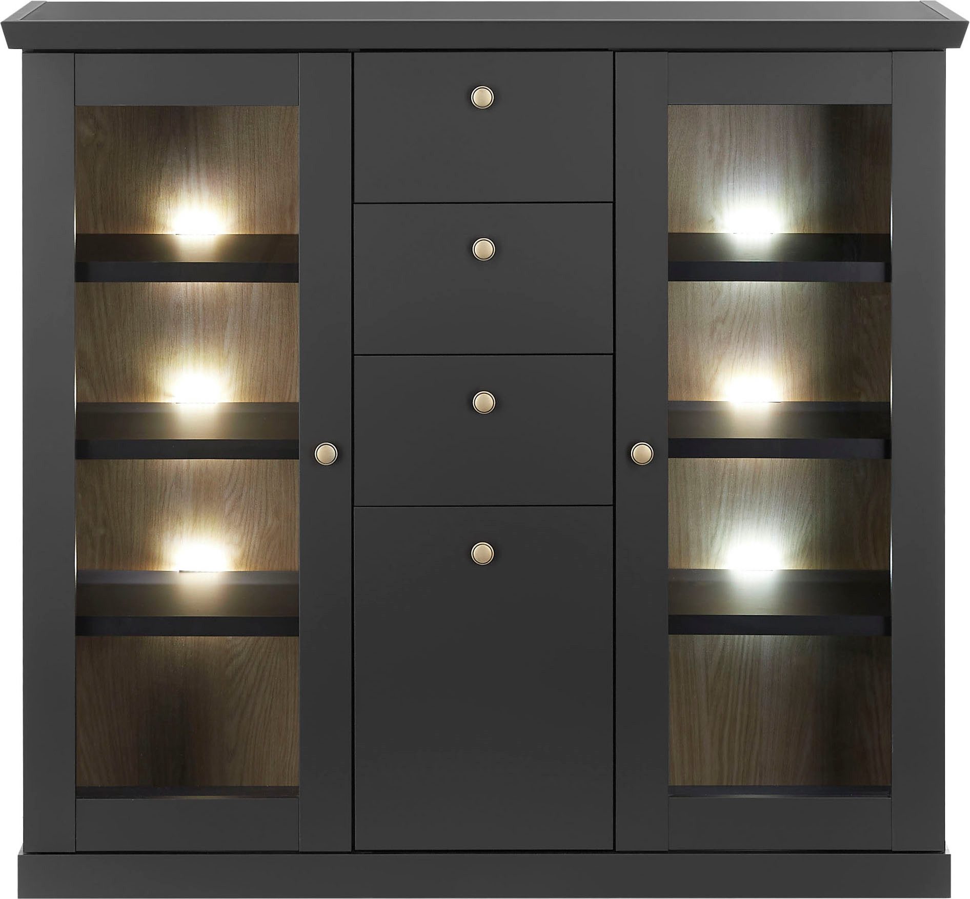 Home affaire Highboard Lincoln, moderner Schrank, schwarzer Stauraumschrank, 129 cm breit, edles Design, messingfarbene Knopfgriffe, vielseitig einsetzbar