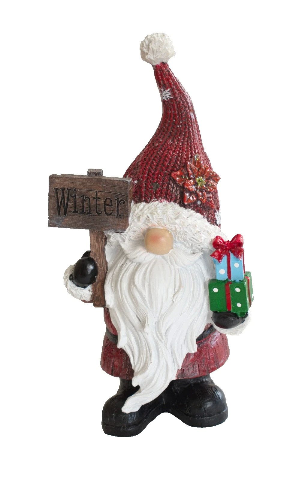 Kaufhaus le petit Weihnachtsfigur Deko Weihnachtsmann Wichtel Zwerg Pakete Schild Skulptur Figur Objekt, Garten Dekofigur Dekoskulptur Dekoobjekt aus Polyresin (Kunststein)