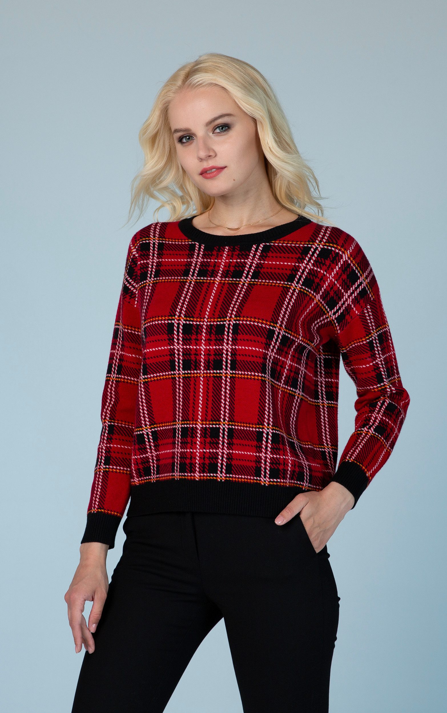 Passioni Strickpullover roter Pullover mit Karomuster günstig online kaufen