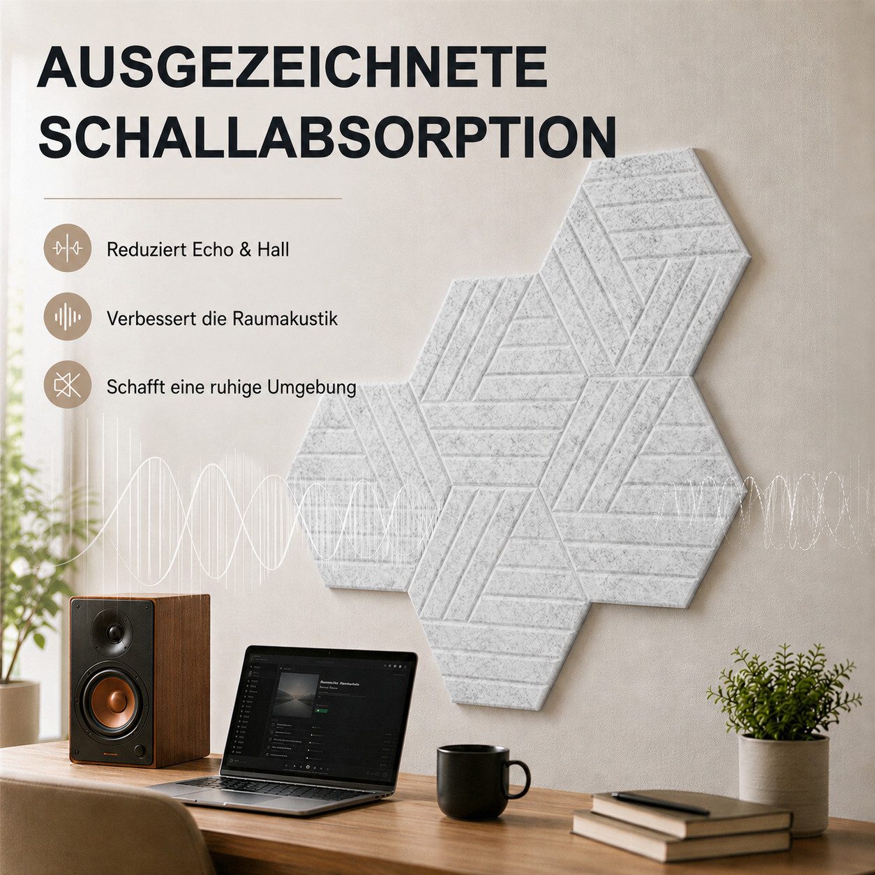 BlingBin Schallschutzpaneel sechseckige Schallschutz Wandpaneele, Akustikpaneele selbstklebend, BxL: 26x30 cm, 0,07 qm, (24er Set, 24-tlg., 300 x 260 mm) 3D Hex – Bild 3 von 5