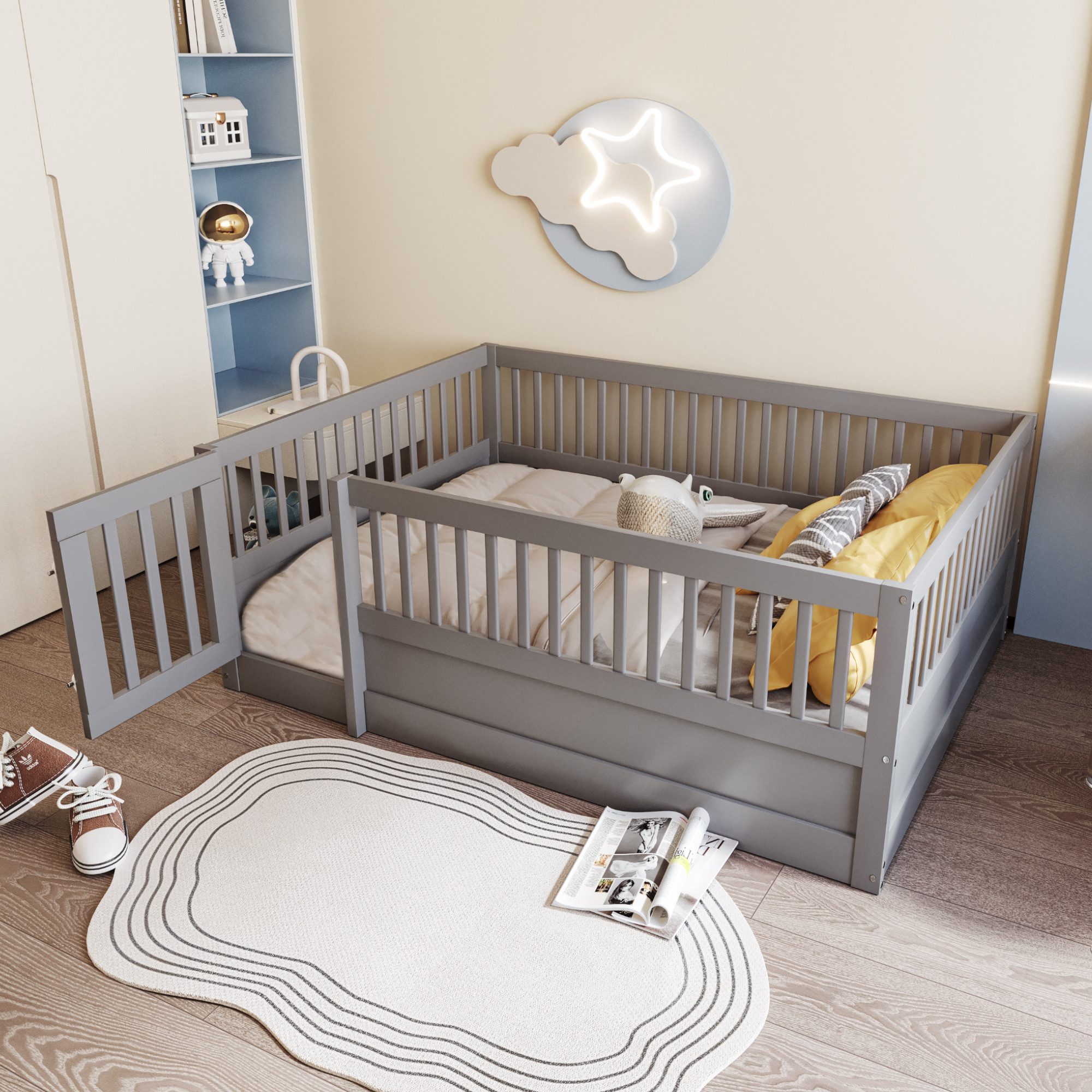 Merax Kinderbett 140x200cm (205/145/60 cm), Massivholz Bodenbett 140x200cm günstig online kaufen