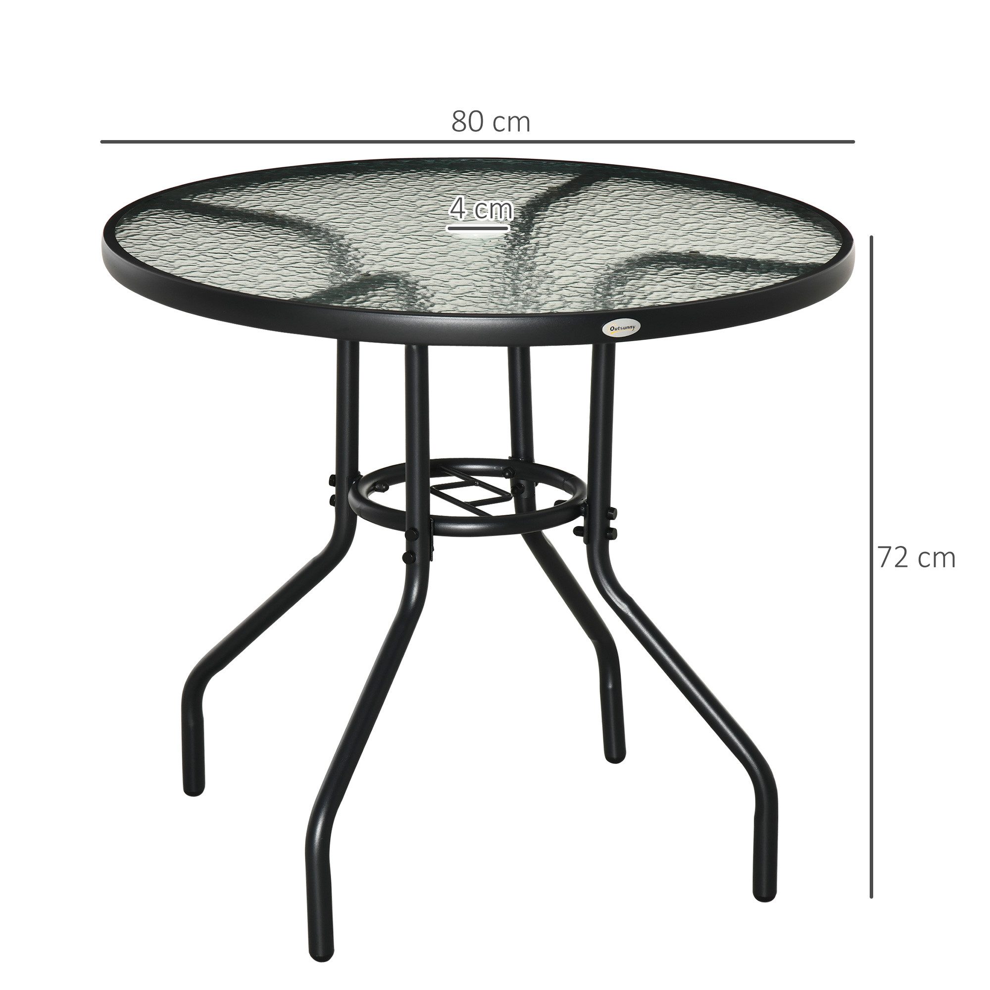 Outsunny Gartentisch Garten Beistelltisch Hartglas + Metall Schwarz (Gartenmöbel, 1-St., Beistelltisch), Hartglas + Metall Schwarz Ø80 x 72 cm
