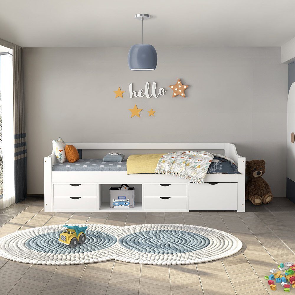 HOME DELUXE Bett Kinderbett COSMOS mit Schubladen 90 x 200 cm (inkl. Lattenrost & wahlweise mit Matratze, 1-tlg), Bett mit Schubladen & viel Stauraum, Einzelbett, Jugendbett