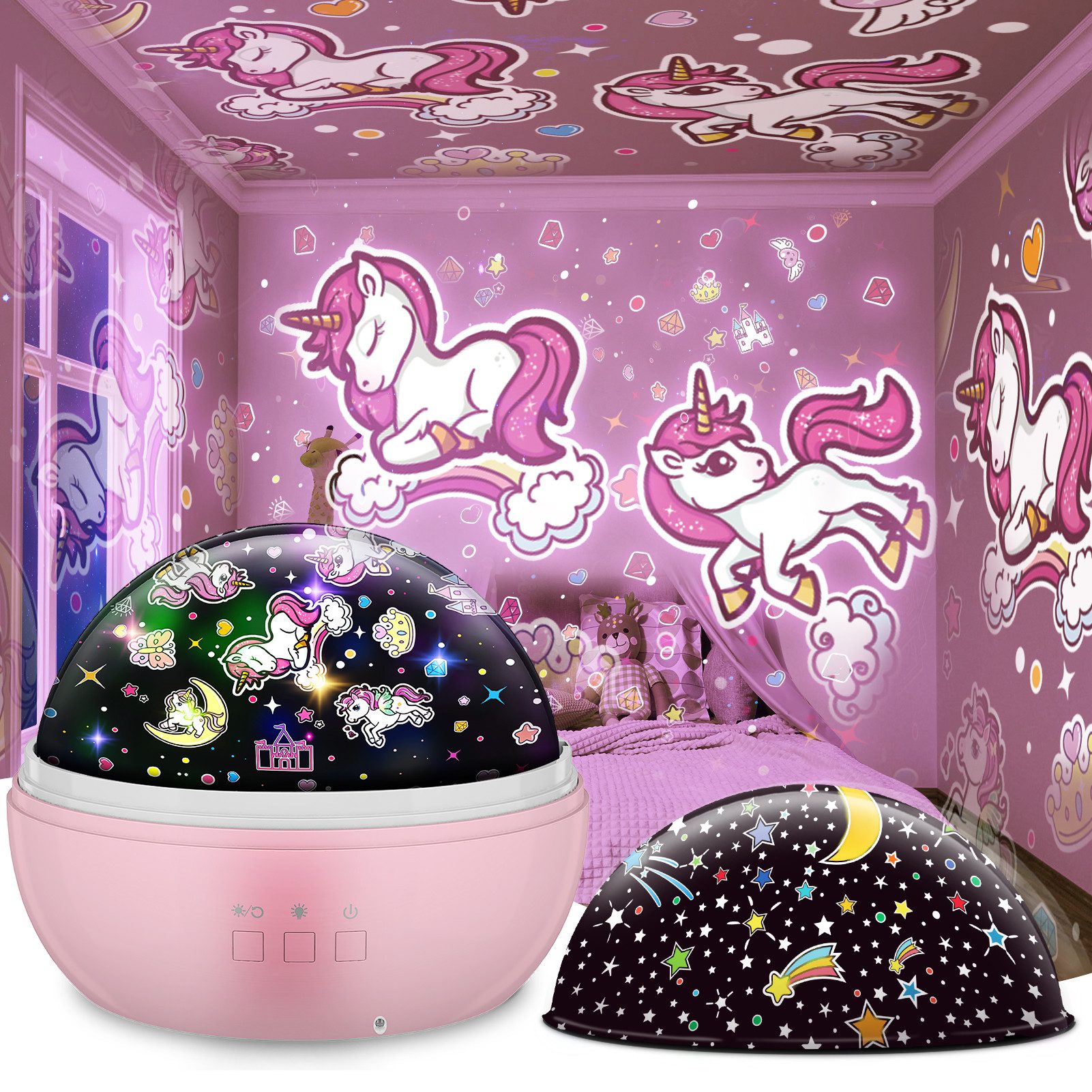 Wootoy LED Nachtlicht Einhorn Nachtlicht Projektor 360° rotierende Sternenprojektor Lampe, in Warmgelb Blau Rot und Grün, LED fest integriert, Farbwechsler, 360° rotierende Projektion 5 Lichtmodi 4 LED-Farben