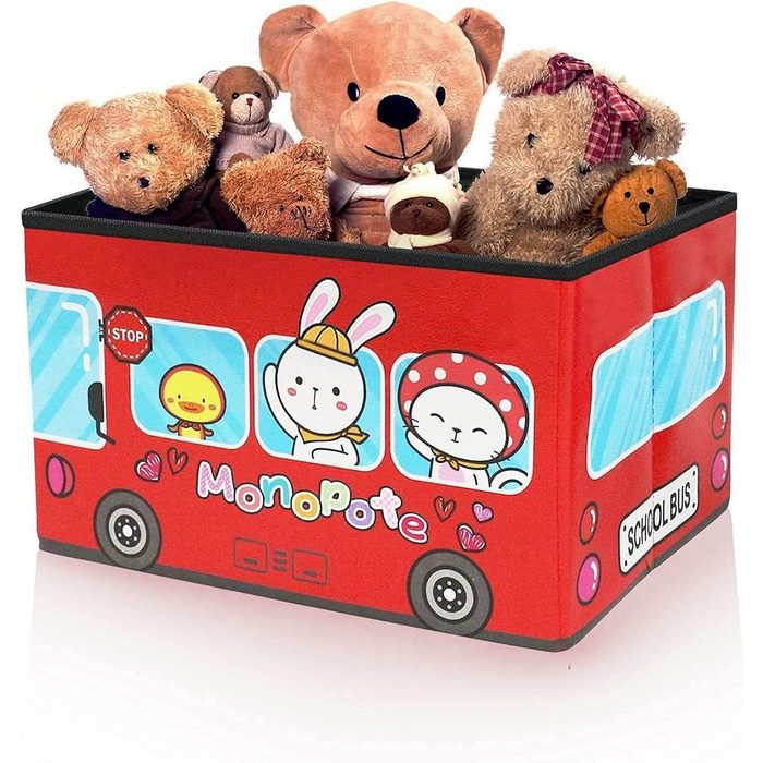 LBLA Aufbewahrungsbox Rote Aufbewahrungsbox aus Kunstleder mit Schulbusmotiv Ordnungbox mit Deckel Lagerbox als Hocker Größe 40.5*25.5*24cm