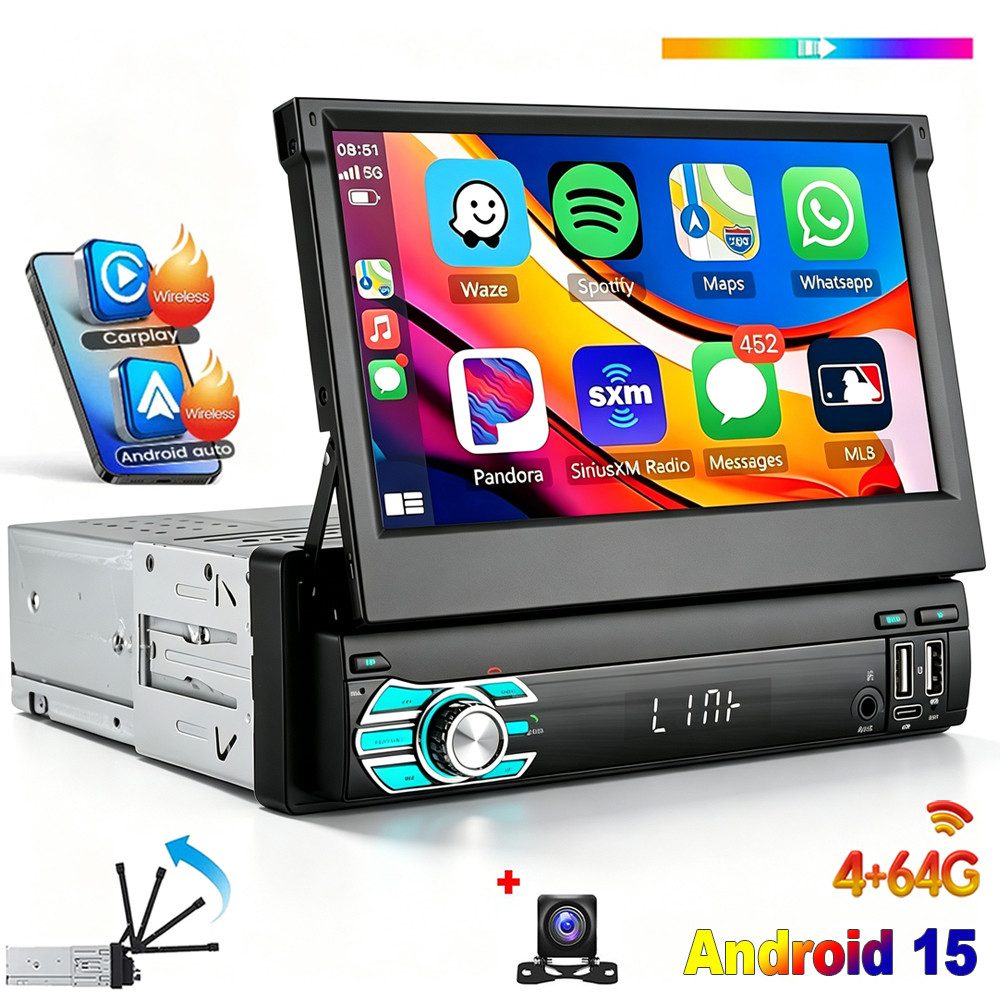 ESSGOO DAB+ 4+64G 1 DIN 7 Zoll Flip Out Android 15 Carplay Autoradio GPS WIFI Autoradio (Apple Carplay Android Auto GPS Navi WIFI BT EQ)