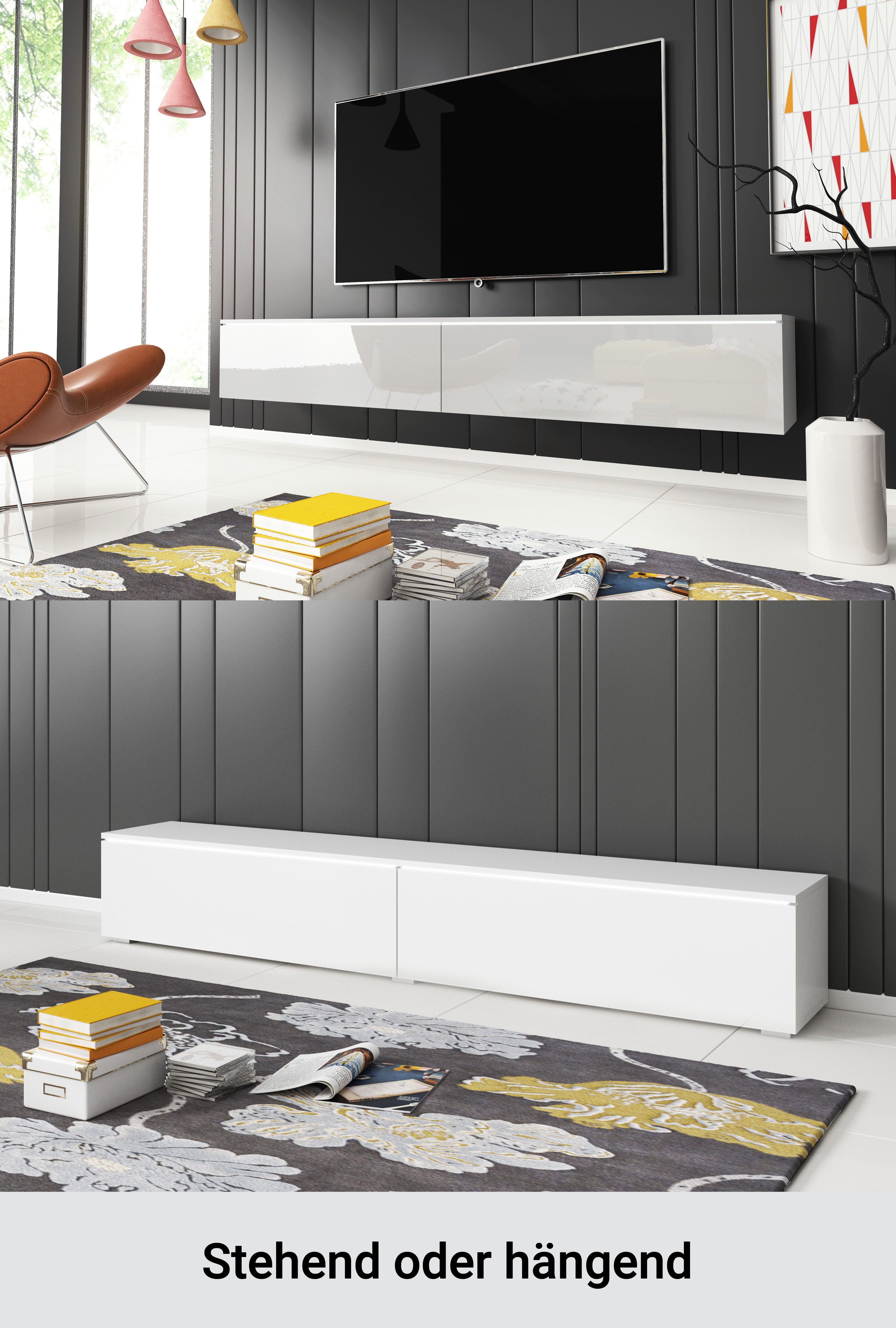 Home affaire Lowboard LOWBOARD VERA, wahlweise mit oder ohne Beleuchtung, Modernes griffloses TV-Board, 180 cm TV-Schrank, stehend und hängend