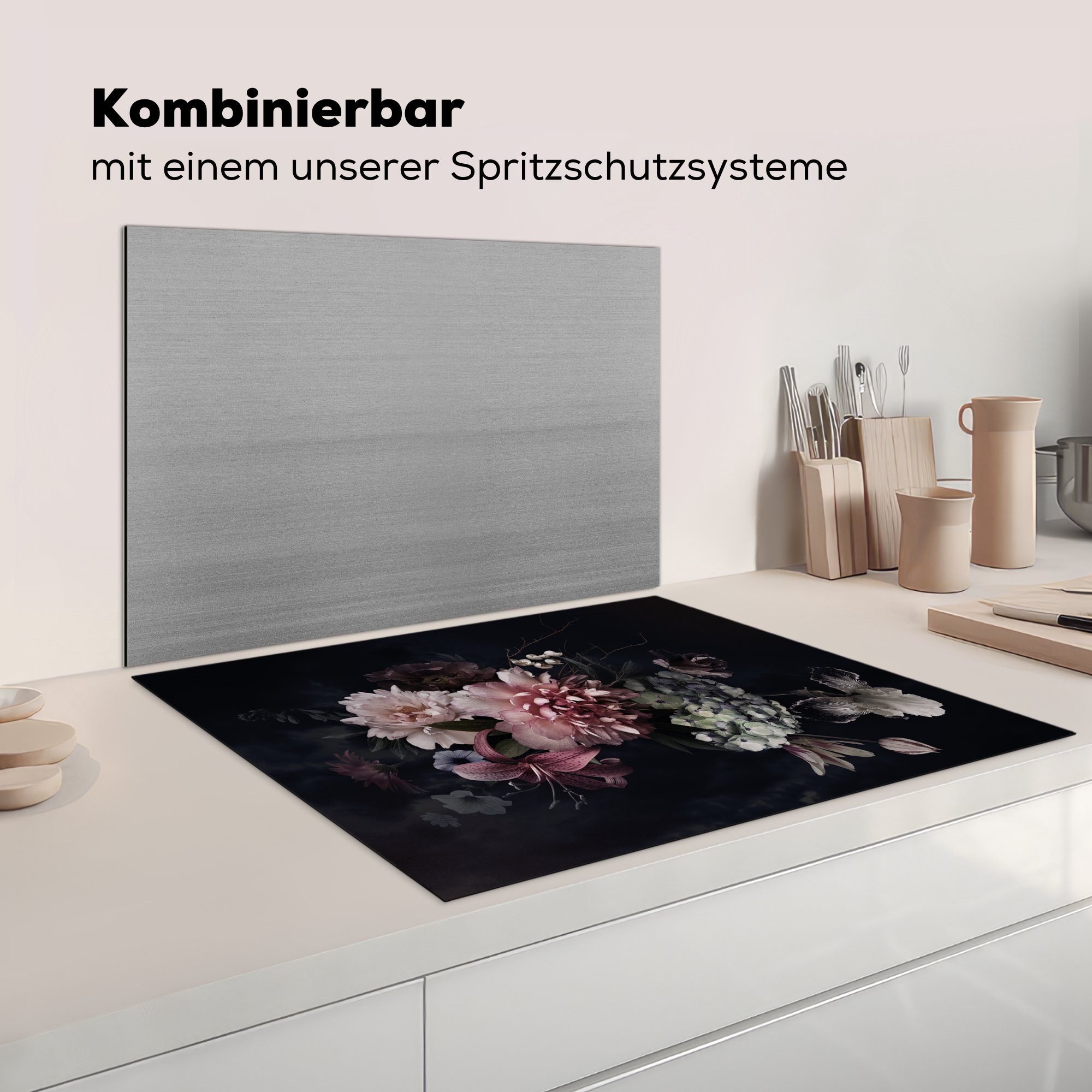 küche - (1 77x59 MuchoWow Blumen - Ceranfeldabdeckung, Vinyl, Schwarz tlg), Blumenstrauß, für cm, Pastell Herdblende-/Abdeckplatte Vintage - - Arbeitsplatte