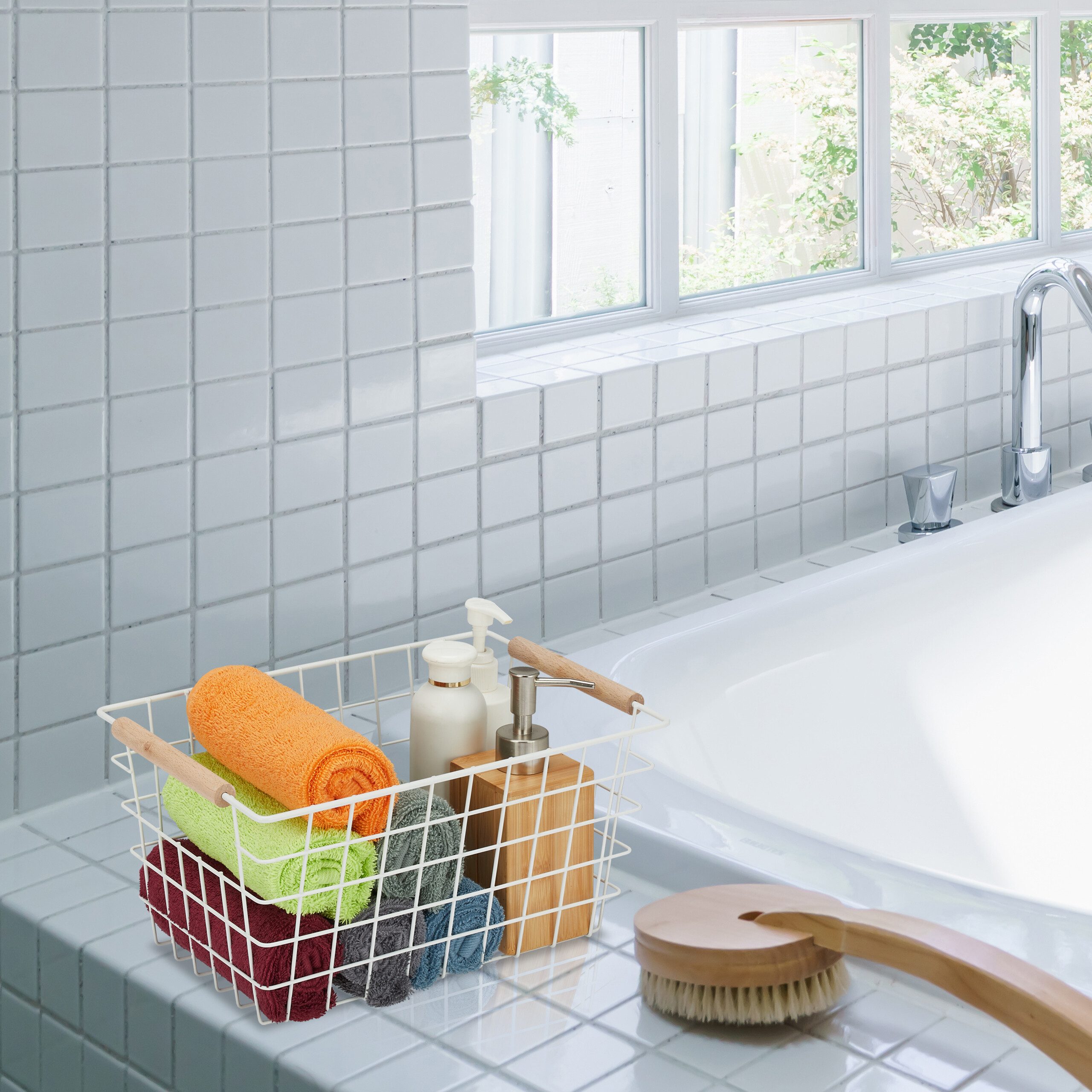 relaxdays Drahtkorb mit Holzgriffen 2er Set (Set, 2 St., 2er Set), weiß