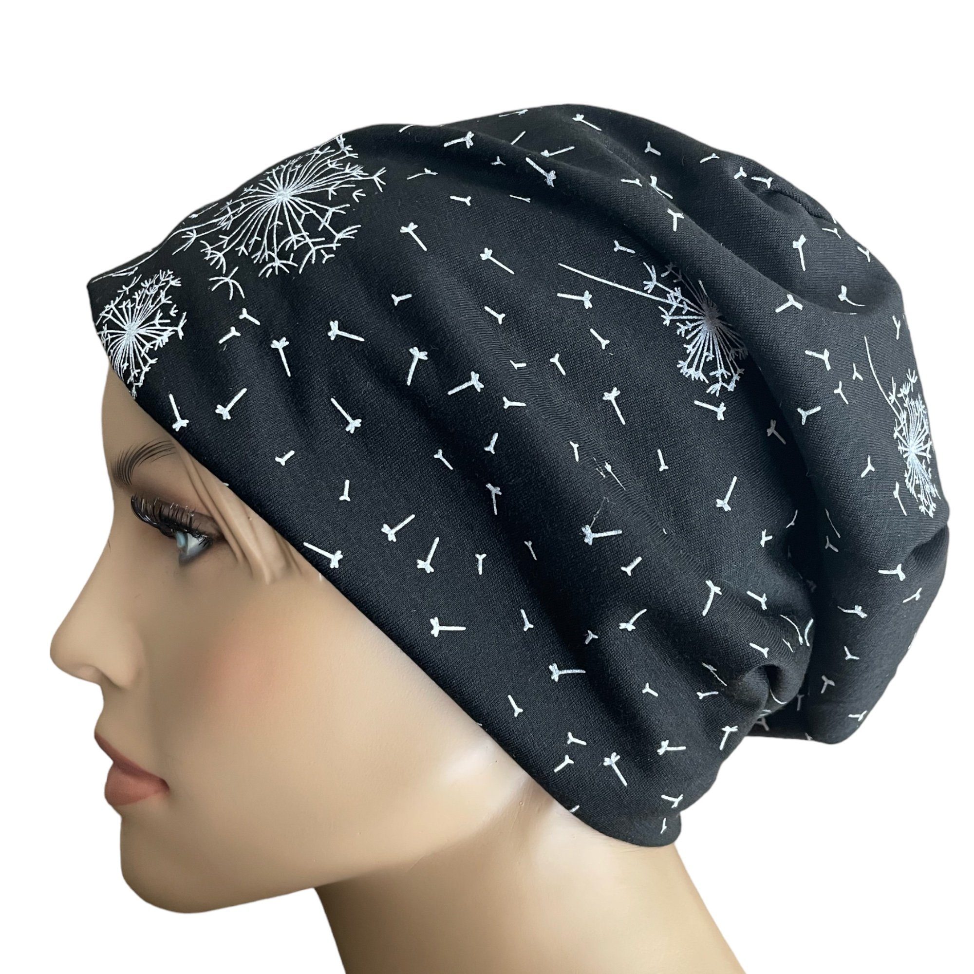 Taschen4life Beanie Slouch Longbeanie Sommermütze Damen leichte Motiv schwarz Mütze Pusteblume, Beanie