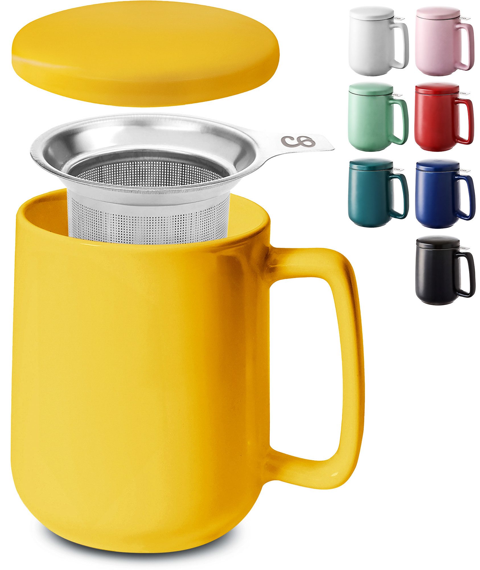 Cosumy Teeglas Teetasse mit Sieb und Deckel Gelb 500ml, Keramik, Hält Lange warm - 500 ml XXL Groß - Spülmaschinenfest