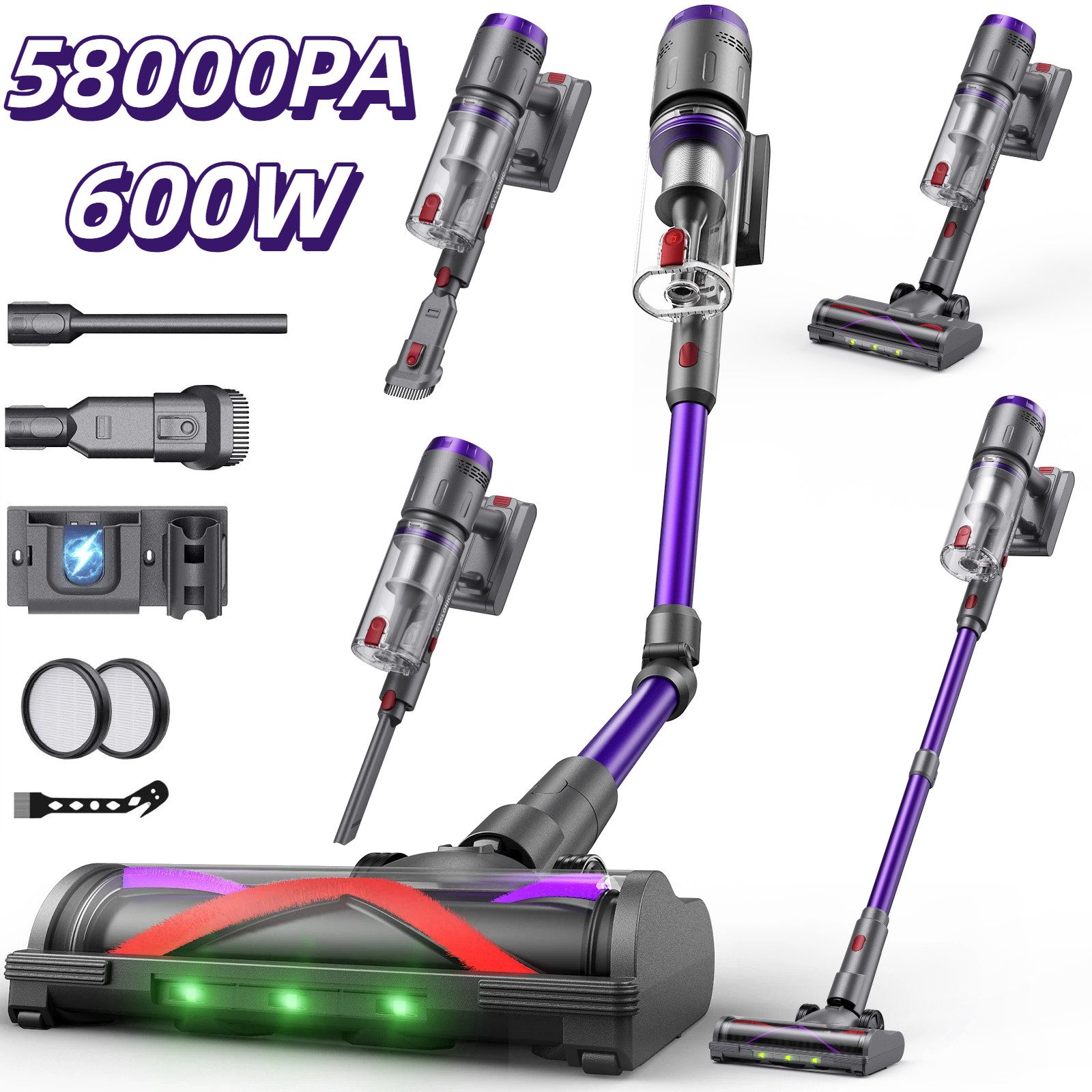 Circlio Akku-Stielstaubsauger Akku Staubsauger, 600W/58KPa, Staubsauger Kabellos, 600 W, beutellos, 250° Flex-Bürste mit LED, Smart-Display, 75Min. Laufzeit, freistehend