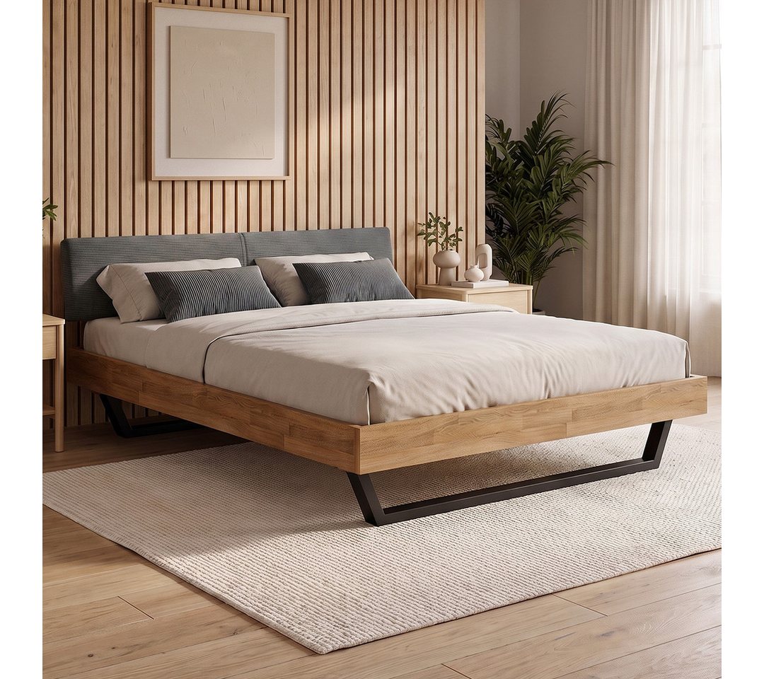 skølm Massivholzbett Alver aus Eiche mit Cord-Kopfteil, geöltes Bettgestell, 180x200 cm, Kopfteil anthrazit, verfügbar in 140/180 x 200 cm