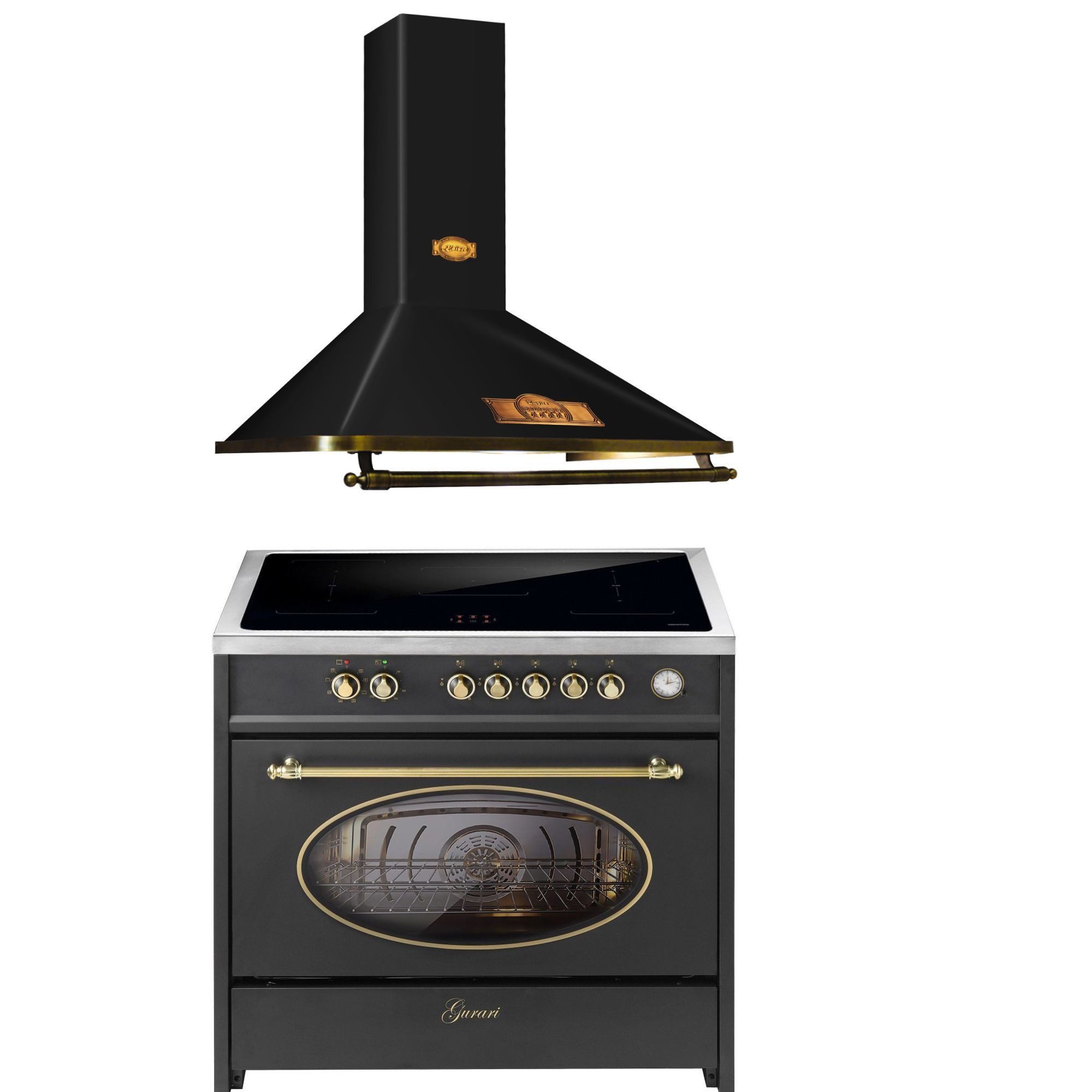 GURARI Induktions Herd-Set Retro Range Cooker 90 cm, FLEX ZONEN, Booster, 5 Zonen,121L+Dunstabzugshaube, 90cm, 910 m³/h E 913 RU BL+A 9315 Em ECO,.,., mit 1-fach-Teleskopauszug