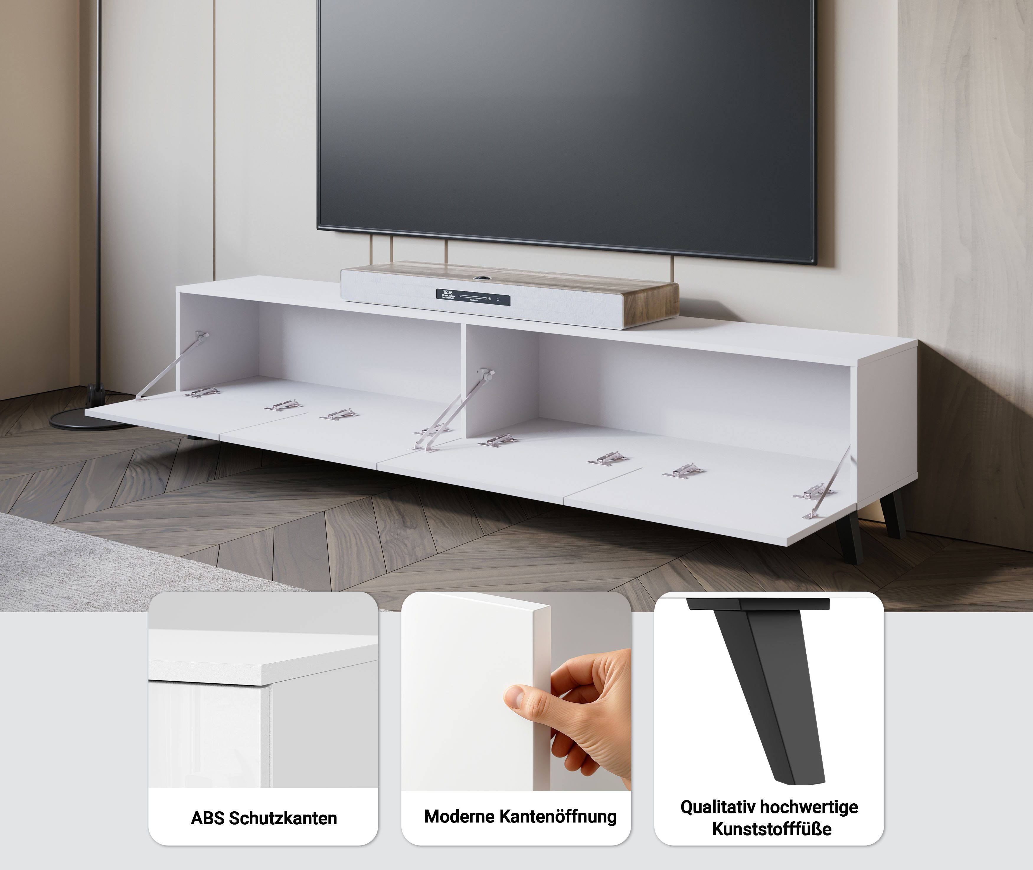Home affaire Lowboard LOWBOARD PHUKET II, TV-Kommode Breite 190cm (1 St), Modernes, griffloses Design mit 4 Klappen in eleganten, matten Farben