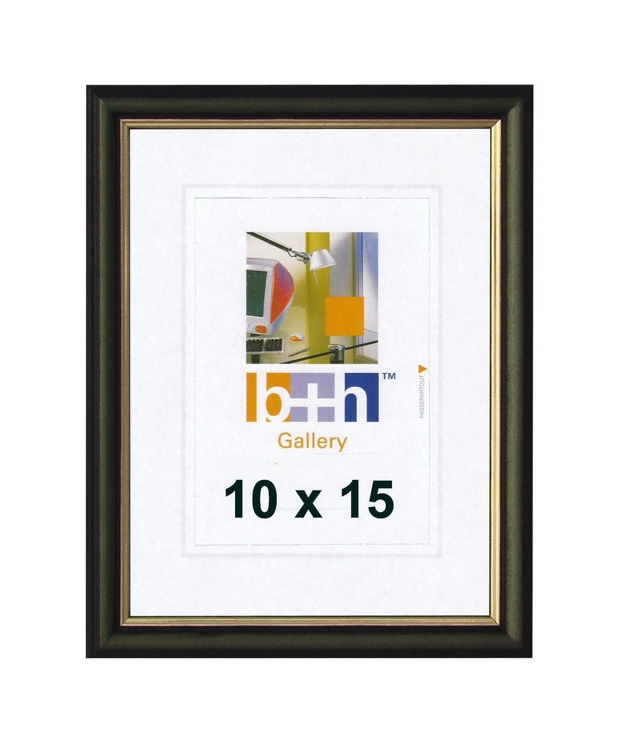 Oslo MasterLine Einzelrahmen Bilderrahmen Holz massiv FSC Echtglasscheibe Drehspannfedern, Format 10x15 Rahmenfarbe grün-gold stabiler Aufsteller