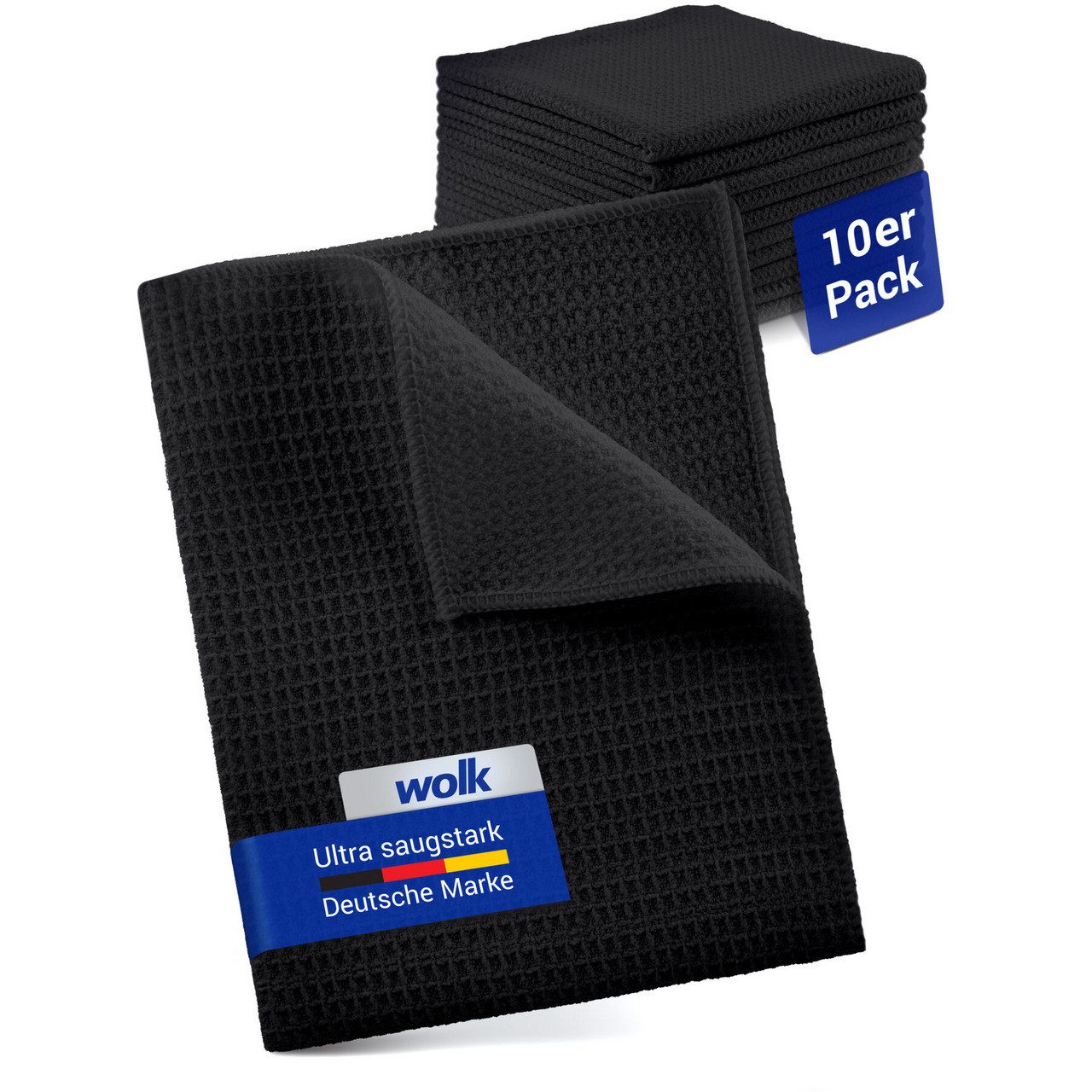 wolk Mikrofasertuch mit Waffelstruktur in schwarz - Reinigungstuch (Polyester, 38x38 cm, 10er-Set, hygienisch auf 90° waschbar)