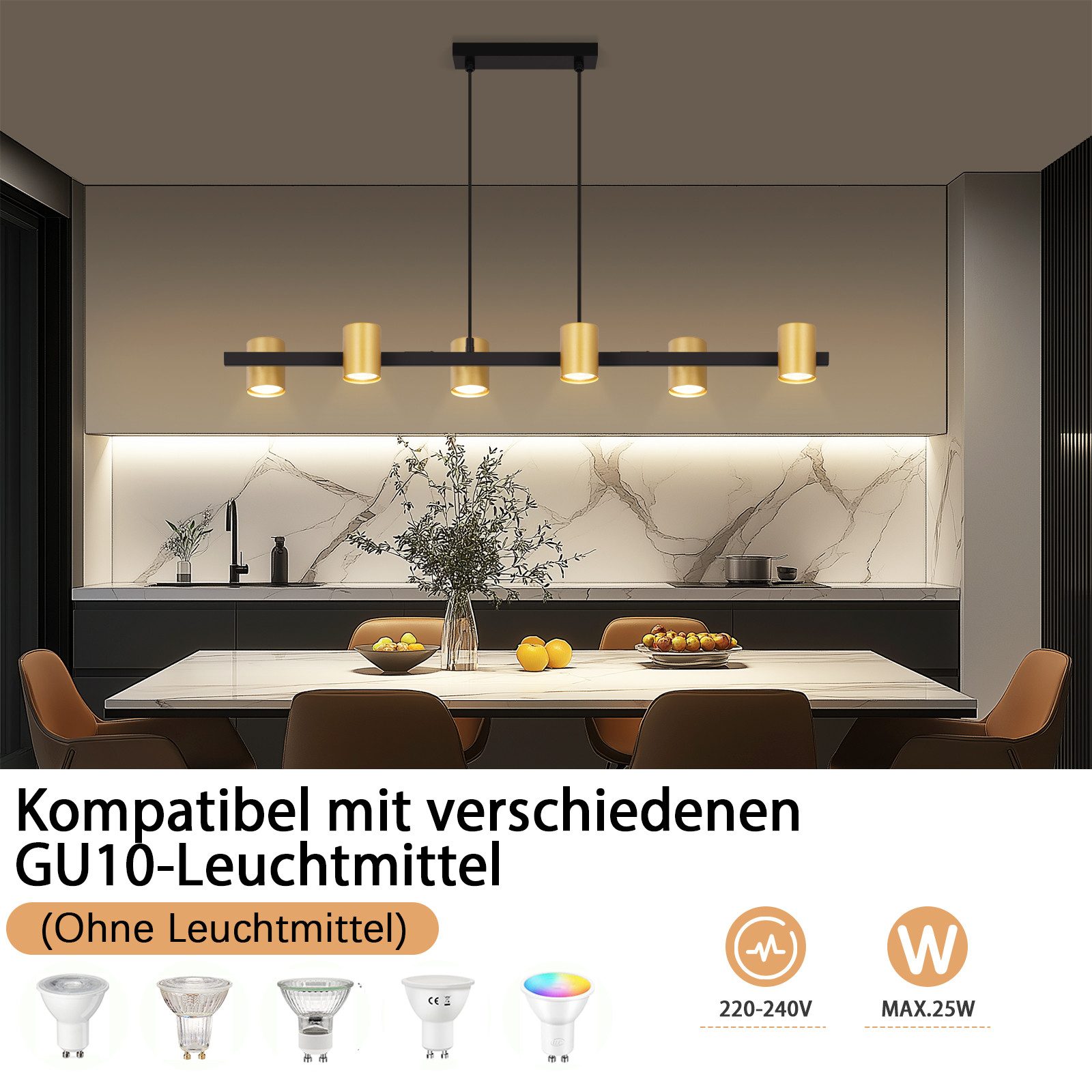 Nettlife Pendelleuchte 6 Flammig Esstisch Hängelampe Schwarz Gold GU10 Metall Industrial, ohne Leuchtmittel, für Wohnzimmer Esszimmer – Bild 2 von 5