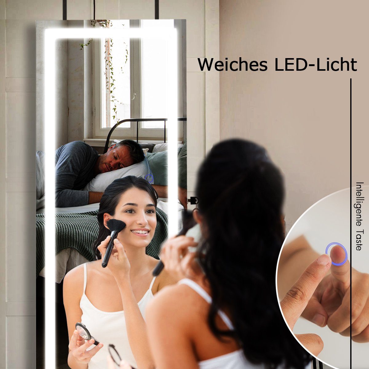 COSTWAY Schmuckschrank mit Spiegel abschließbar, 120x40cm hängend, LED, und Weiß