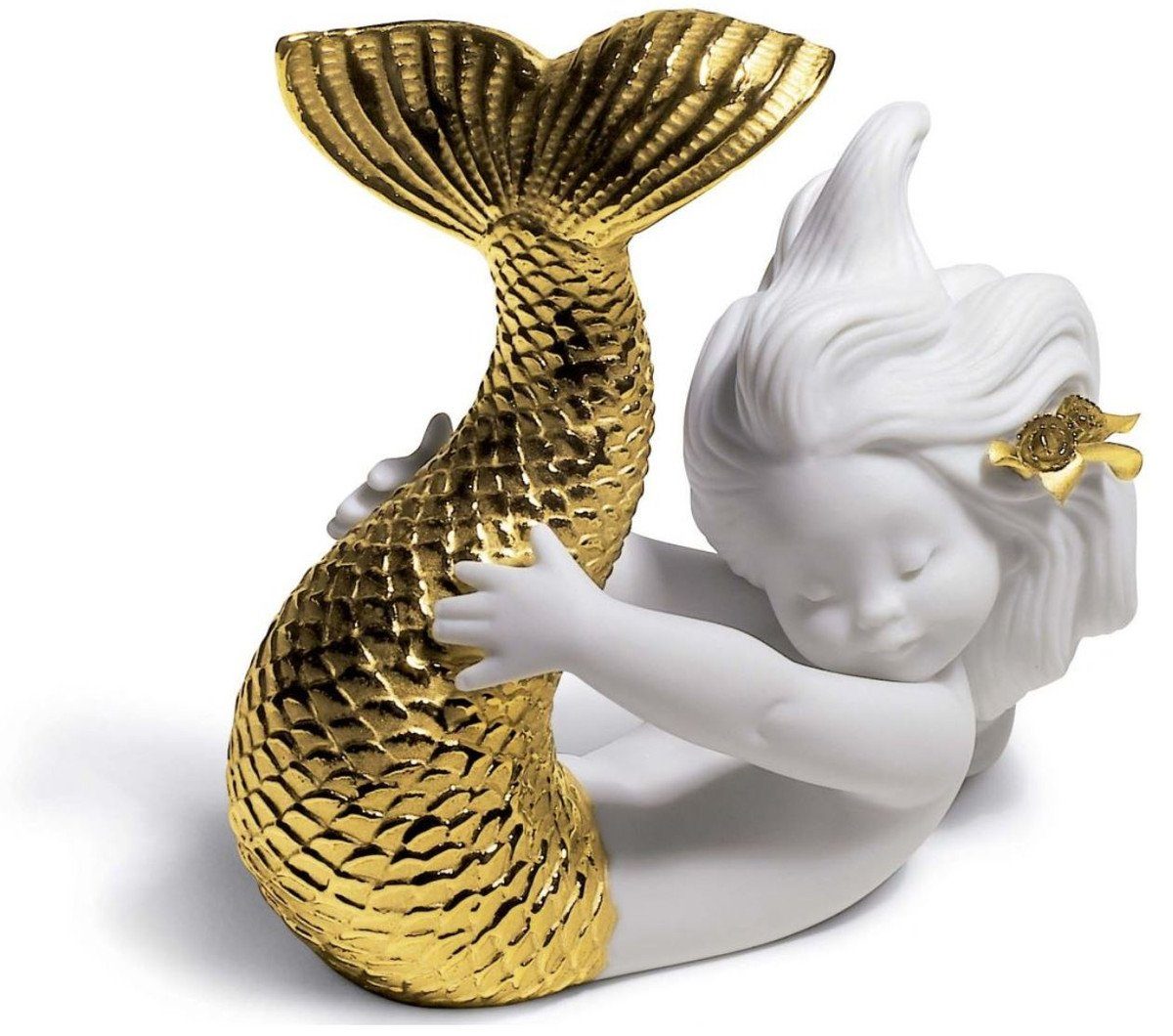 Casa Padrino Dekofigur Casa Padrino Luxus Porzellan Figur Meerjungfrau Weiß / Gold 12 x H. 10 cm - Luxus Wohnzimmer Dekoration