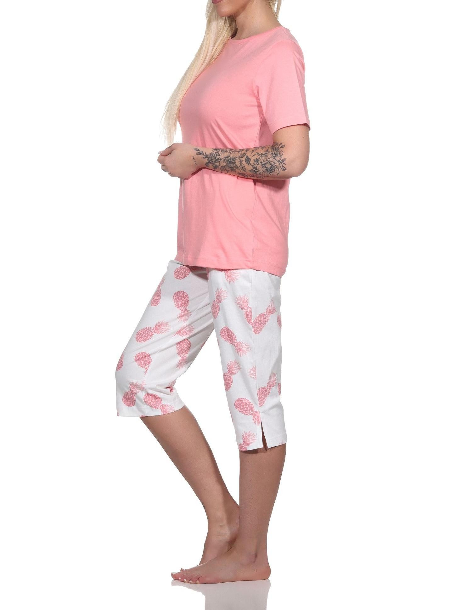 Normann Pyjama Damen Kurzarm Schlafanzug mit Caprihose Homewear und Ananas als Motiv