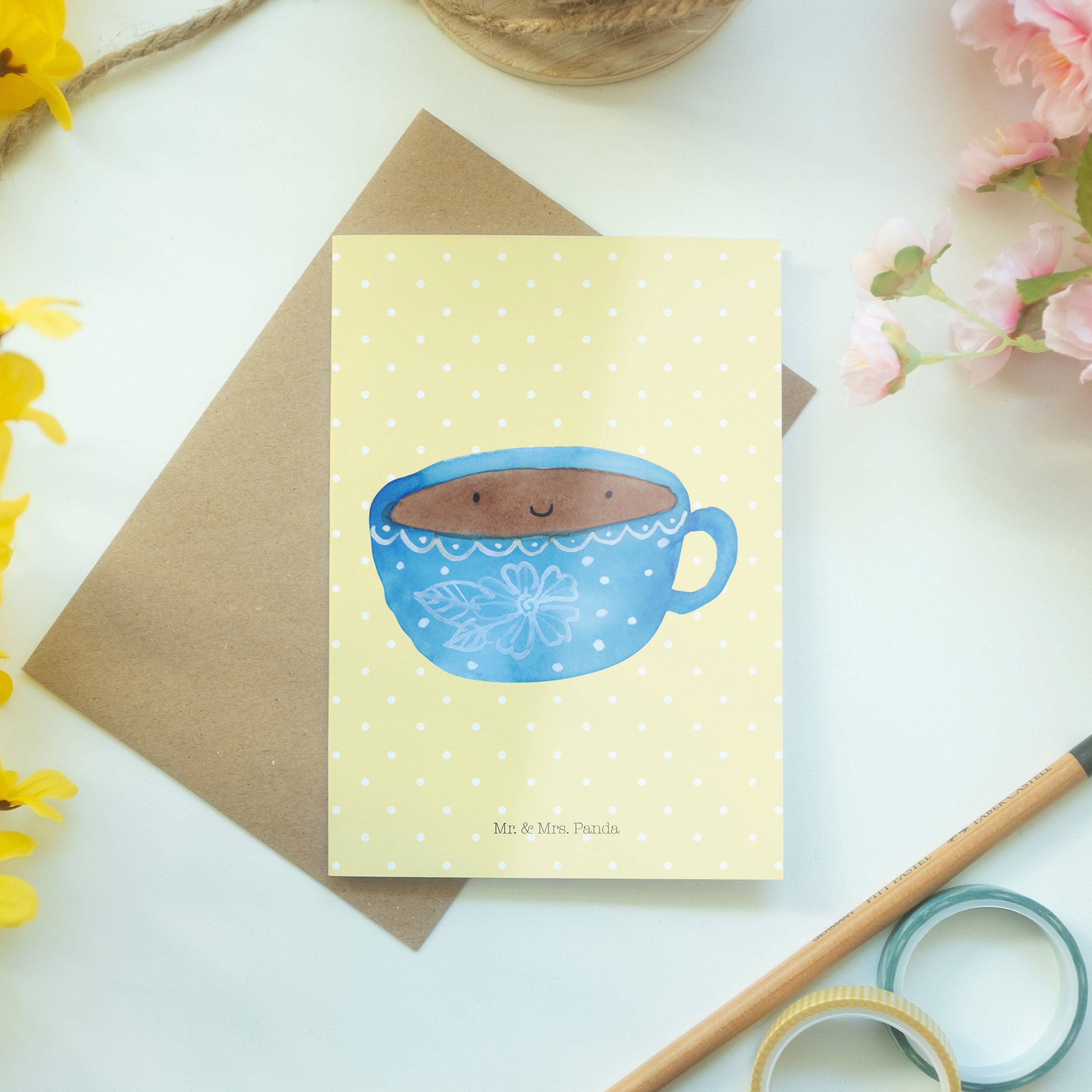Geschenk, Kaffee - Pastell - Gelb Geburtstagskarte Klappkarte, Grußkarte Mr. Tasse & Mrs. Panda