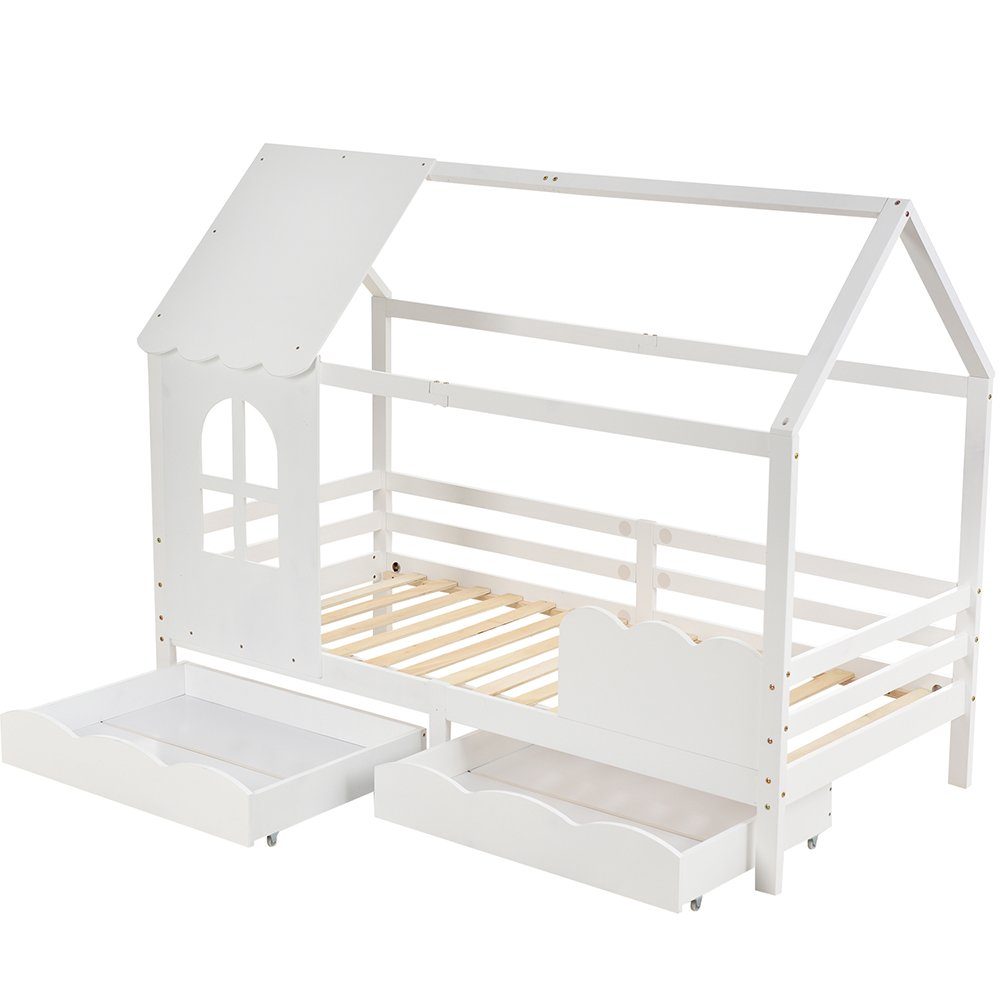 Hausbett (Kinderbett 200x90 cm), Jugendbett mit Rausfallschutz, 2 Schubladen und Lattenrost, Kiefer
