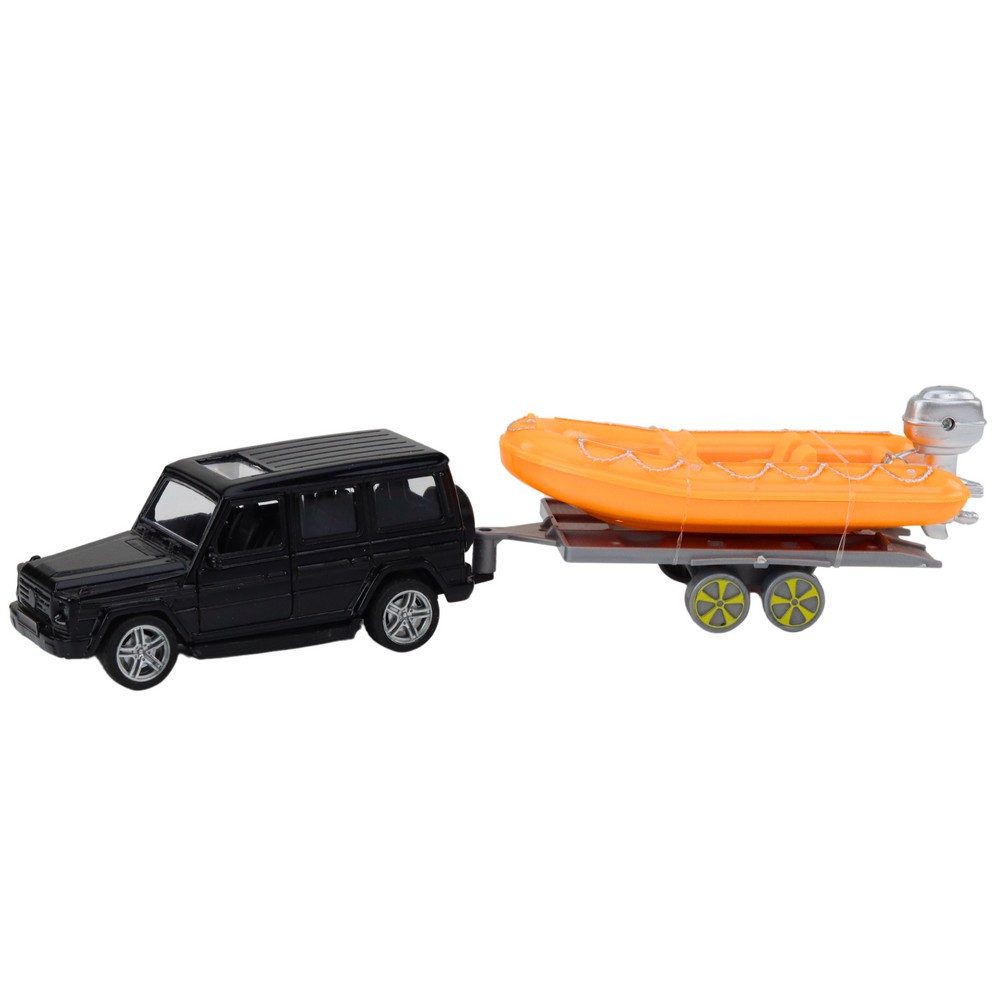 LEAN TOYS Anhänger Bootsanhänger Geländewagen Schlauchboot, Spar-Set, 3-tlg., 15 x 7 x 5 cm zweiachsig, Rückzugmotor, zu öffnende Türen, Metallkarosserie