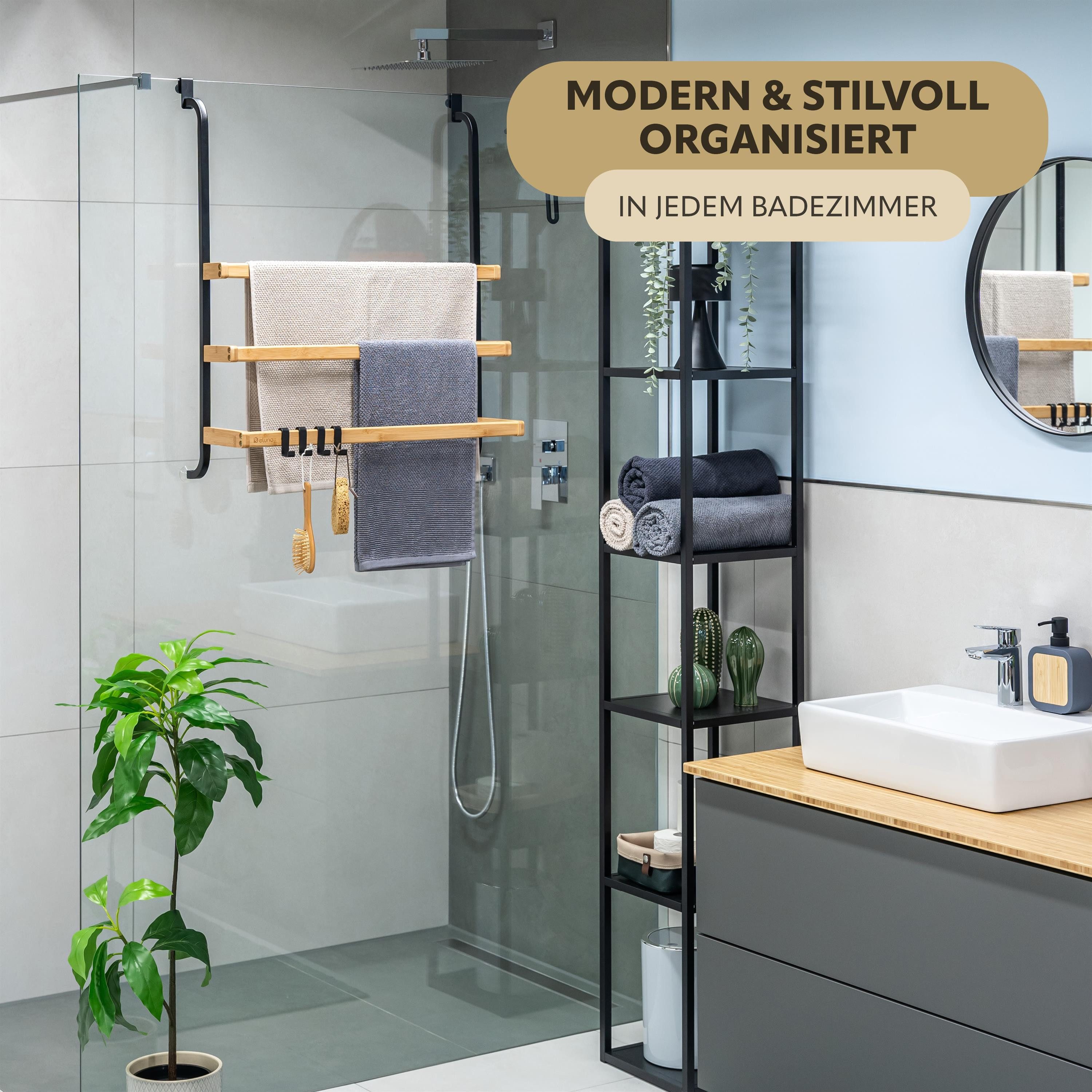 eluno Hängeregal Handtuchhalter für die Glasduschwand aus Metall und Bambus günstig online kaufen