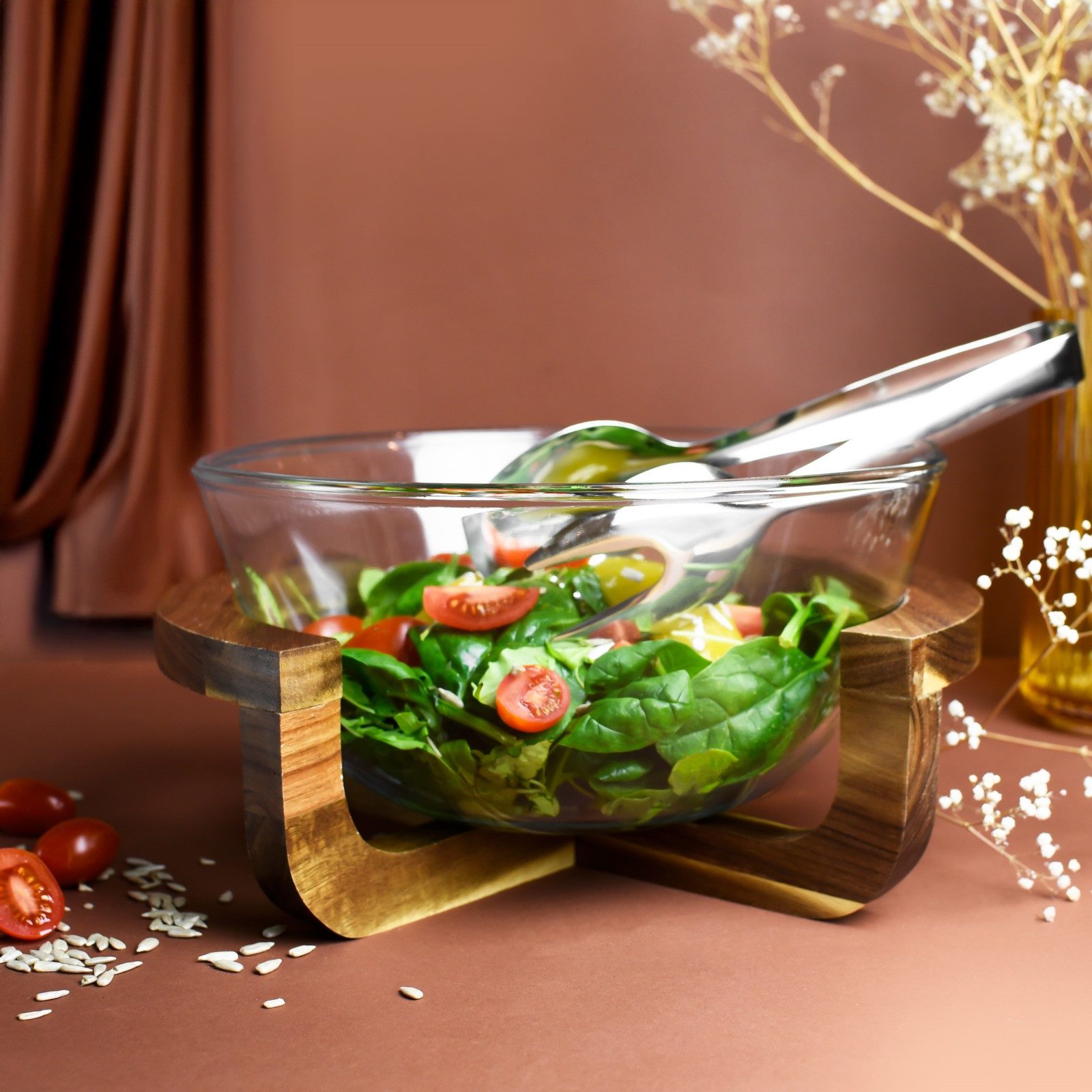Sendez Schale Salatschale aus Glas mit Salatbesteck auf Holz-Gestell Schale Schüssel, Glas