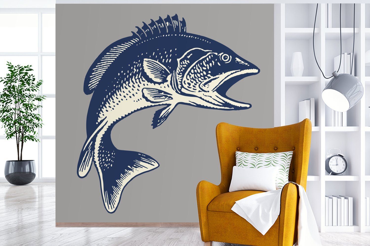 Wohnzimmer bedruckt, Illustration oder Wandtapete grauem Vinyl (5 eines MuchoWow Fototapete Tapete Schlafzimmer, Hintergrund, für Fisches St), auf Matt,