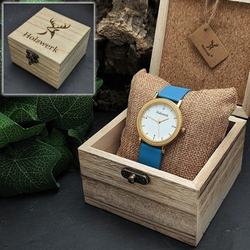 Holzwerk Quarzuhr HAINICHEN kleine Damen Edelstahl & Leder Holz Uhr, türkis, weiß, gold