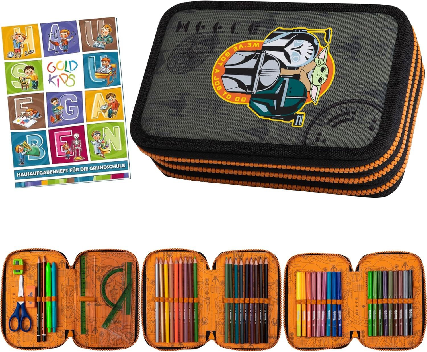 GOLDKIDS Federmäppchen 3 Fächer - Mäppchen für Mädchen und Jungen -, (Federmappe 3-Fach Federtasche Gefüllte, 1-tlg., Schüleretui 46-teilig), - Schulmäppchen und Hausaufgabenheft - Mandalorian Motiv