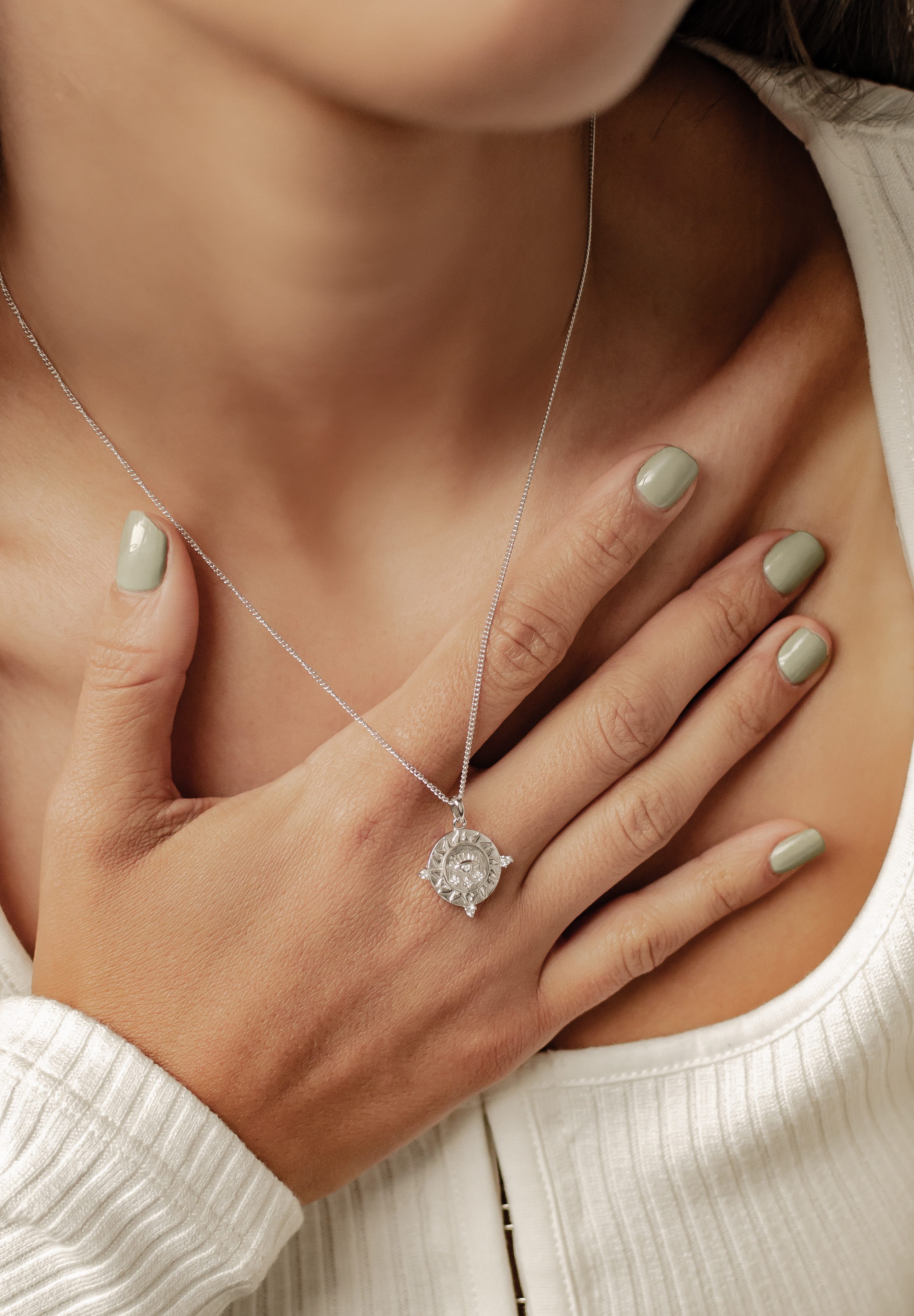 Hey Happiness Kette mit Gravur Protection, Damen Statementkette Silber 925 Nazar Auge mit Bedeutung, Halskette Anhänger Plättchen Sonne Zirkonia, 18K Gold Glücksbringer