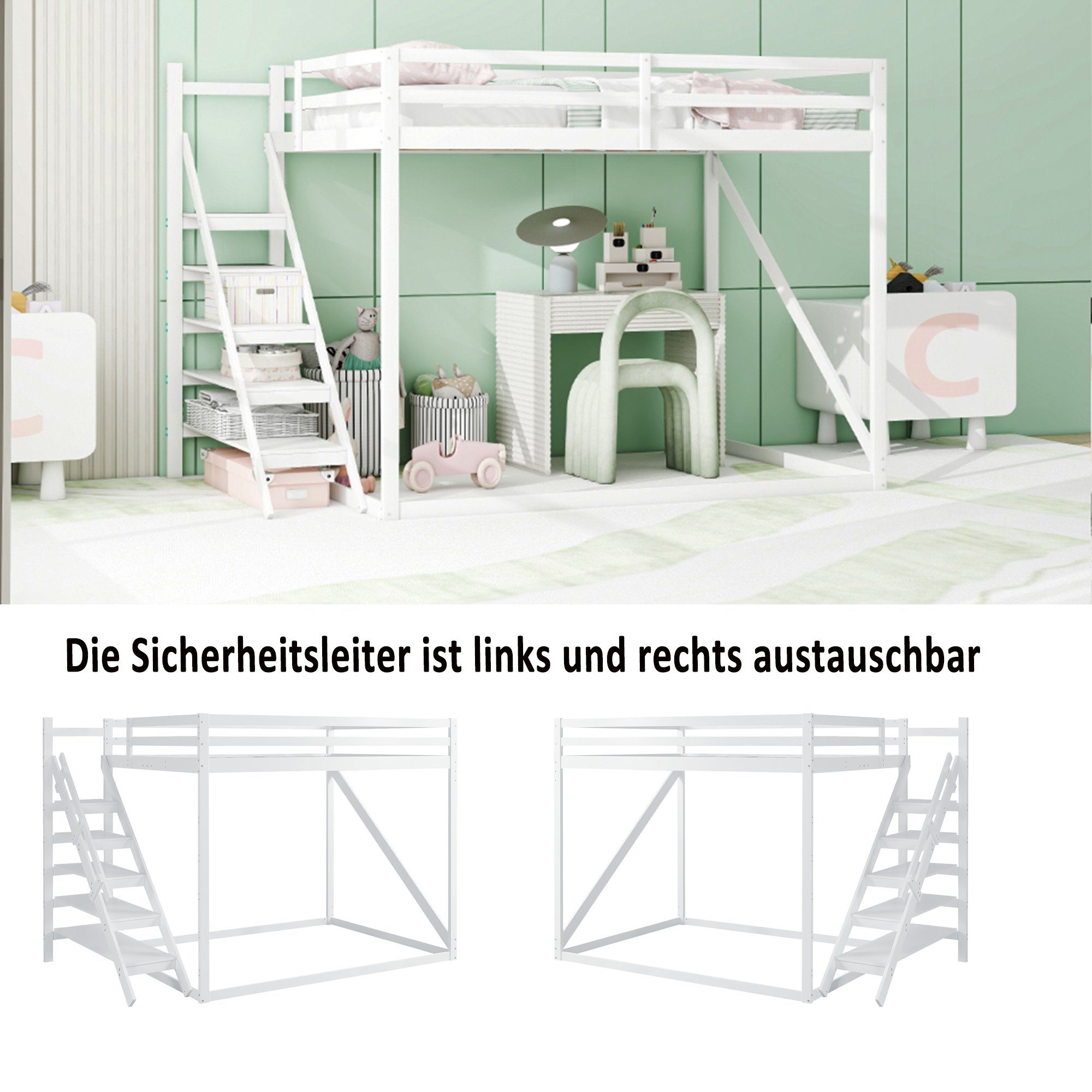 Hochbett Etagenbett Lattenrost Flieks mit und Leiter Kinderbett oberem 140x200cm