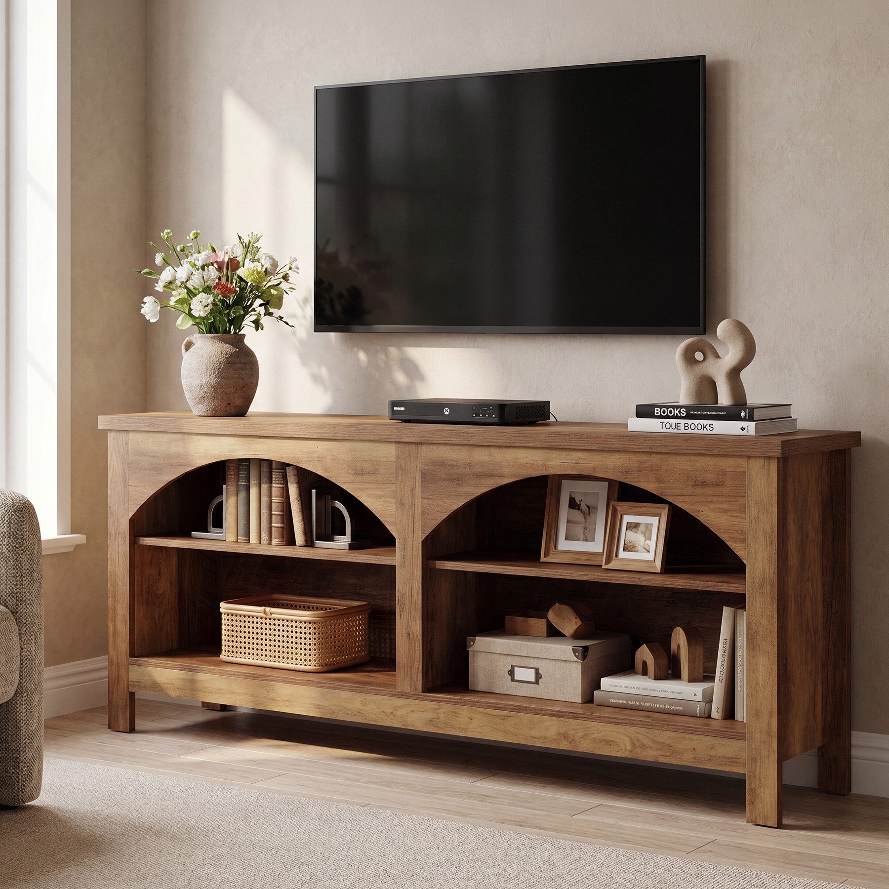 Tribesigns TV-Schrank für Fernseher bis zu 70 Zoll, Entertainment-Center im Landhausstil verstellbare Regalböden, offene Ablagefächer mit Bogen