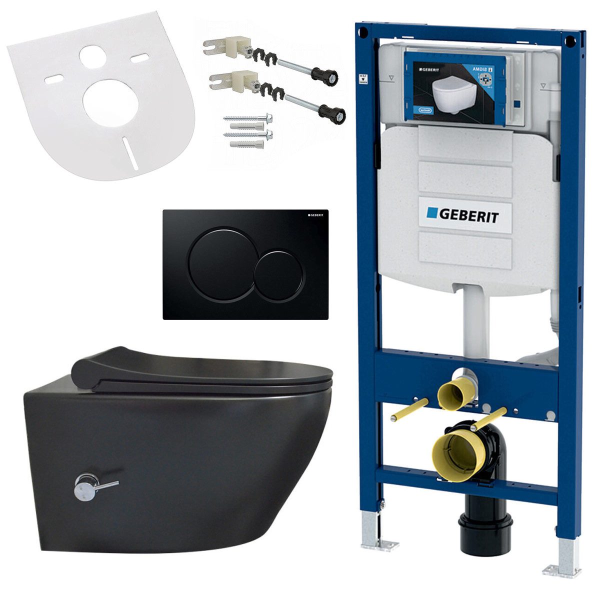 GEBERIT Tiefspül-WC GEBERIT-AL66700-SET, Spülrandloses Hänge WC mit Softclose Deckel, Armatur, schwarzer