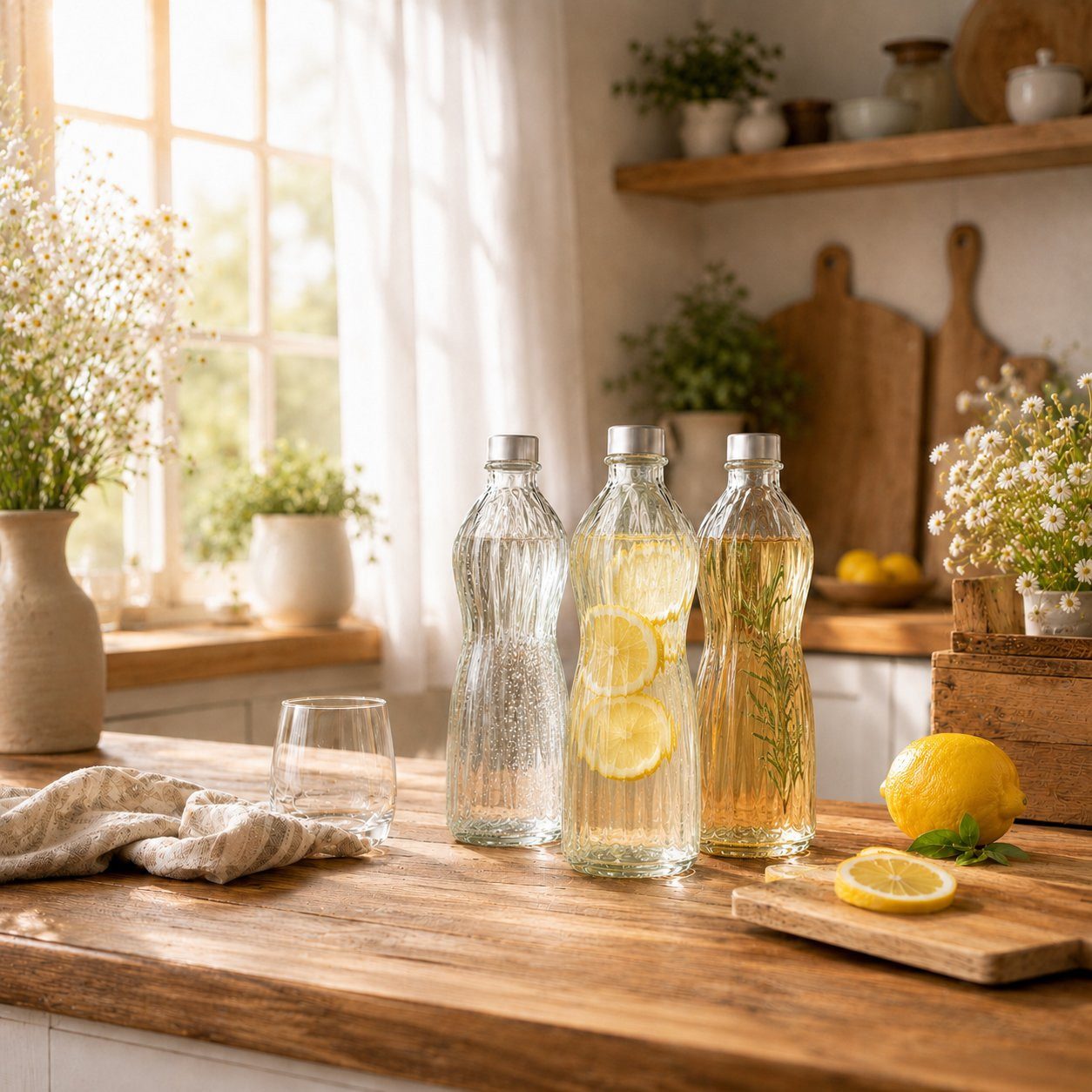 WestCraft Trinkflasche Bormioli Aqua Flasche 1L Weiß 1 Liter 3x Glasflasceh, Spülmaschinenfest, geeignet für Wasser, Saft, Limo, Kefir und Milch